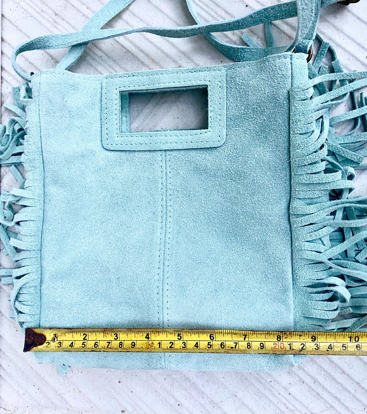 Aqua green crossbody fringed bag. BOHO suede leather bag with FRINGES. Light blue - green genuine suede leather. Mint green suede purse.