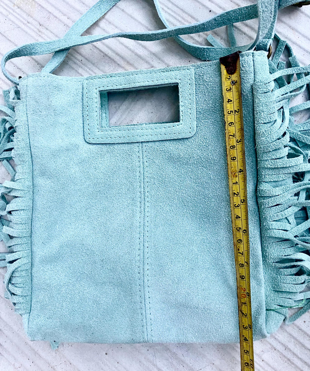 Aqua green crossbody fringed bag. BOHO suede leather bag with FRINGES. Light blue - green genuine suede leather. Mint green suede purse.