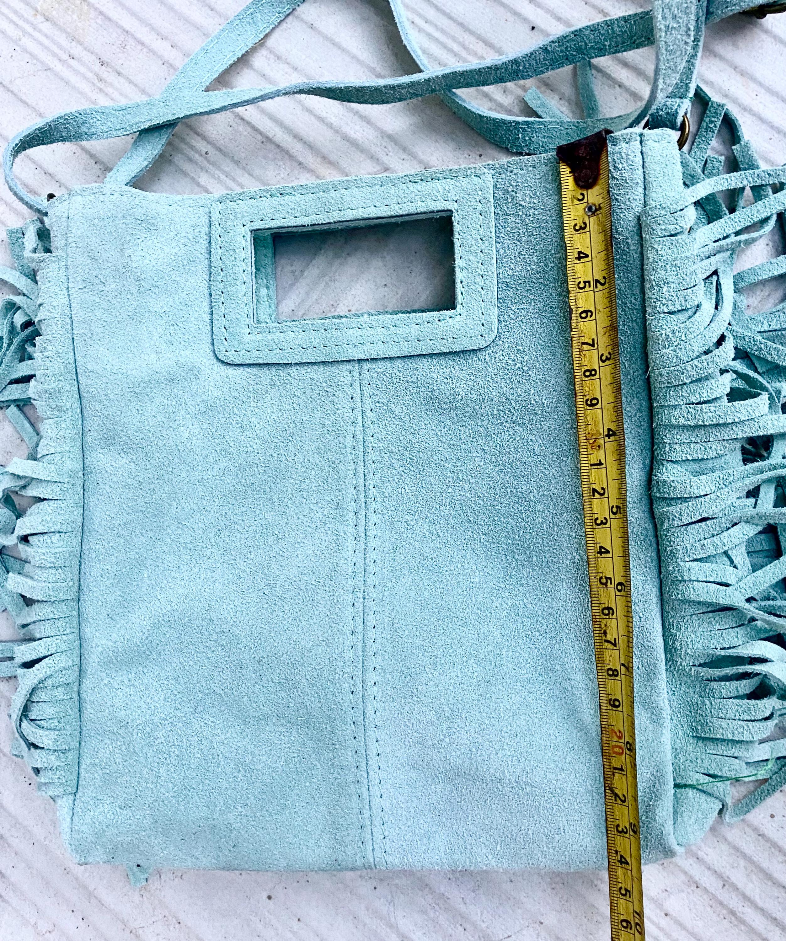 Aqua green crossbody fringed bag. BOHO suede leather bag with FRINGES. Light blue - green genuine suede leather. Mint green suede purse.
