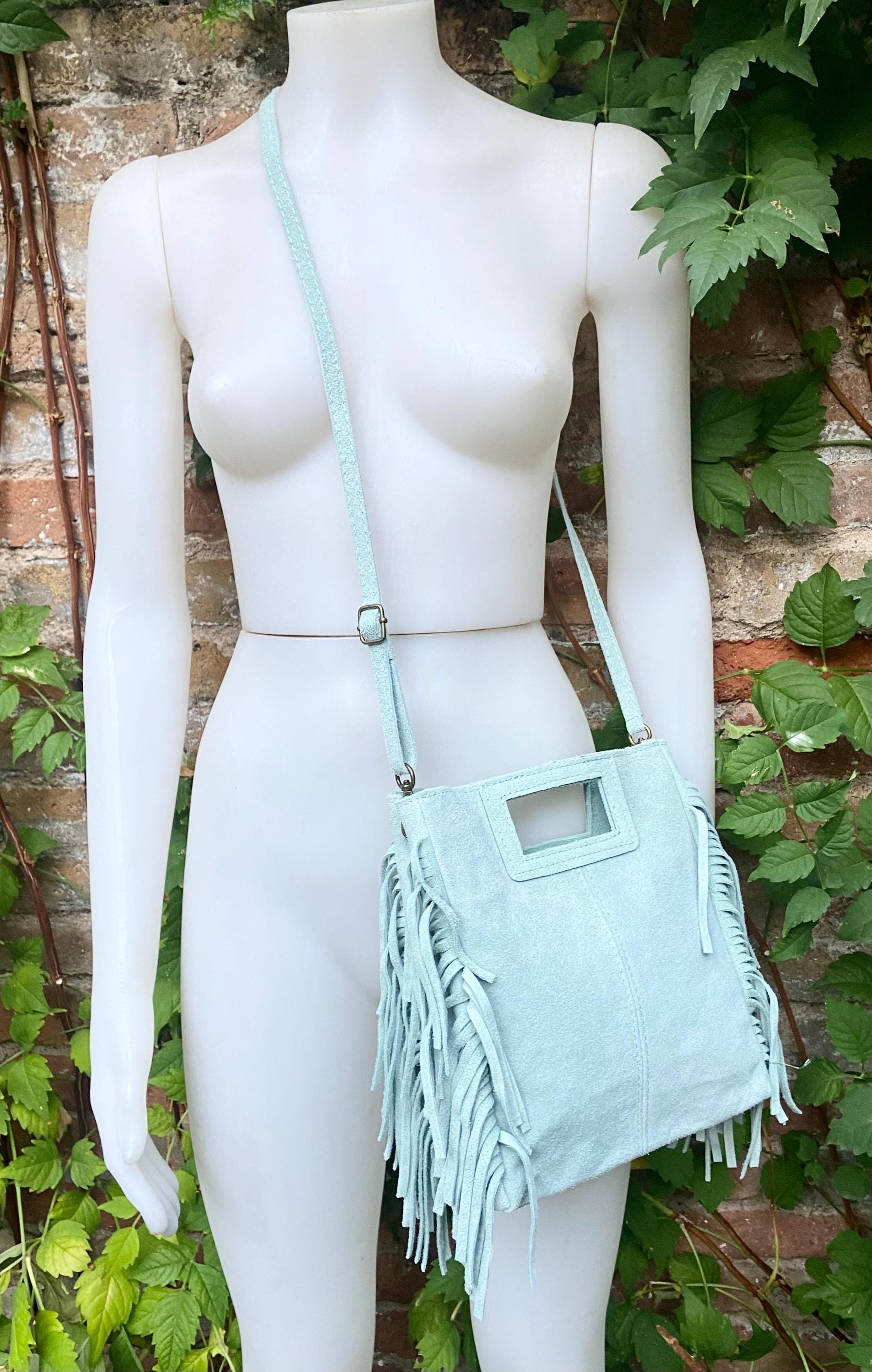 Aqua green crossbody fringed bag. BOHO suede leather bag with FRINGES. Light blue - green genuine suede leather. Mint green suede purse.