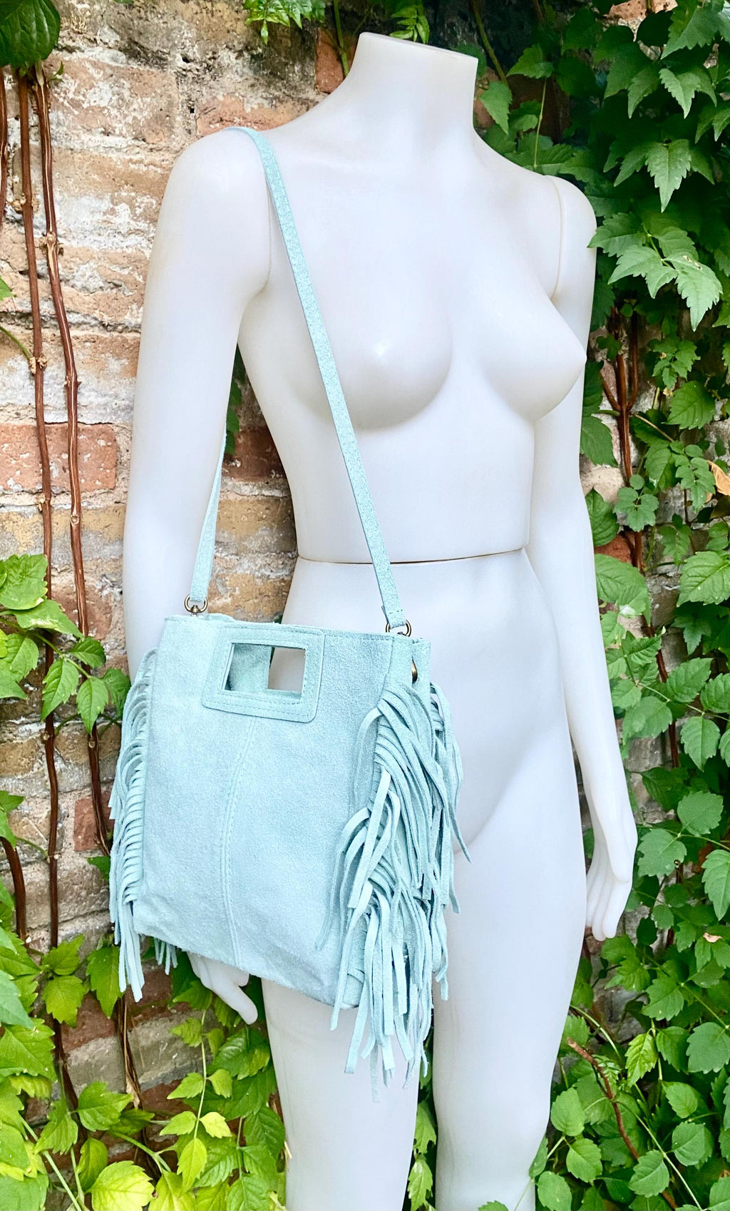 Aqua green crossbody fringed bag. BOHO suede leather bag with FRINGES. Light blue - green genuine suede leather. Mint green suede purse.