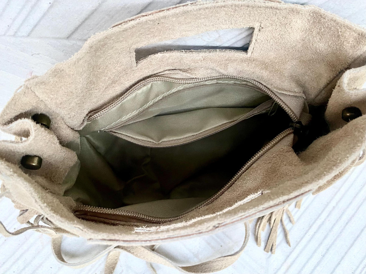 Beige crossbody fringed bag. BOHO suede leather bag with FRINGES. Beige genuine suede leather. Tan suede purse.