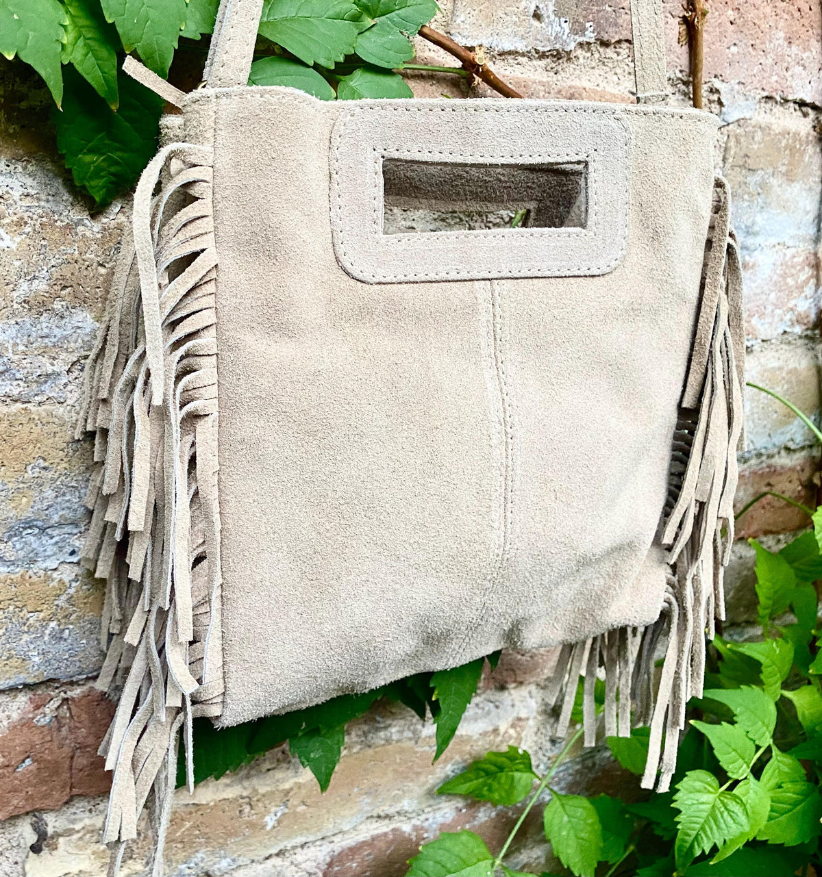 Beige crossbody fringed bag. BOHO suede leather bag with FRINGES. Beige genuine suede leather. Tan suede purse.