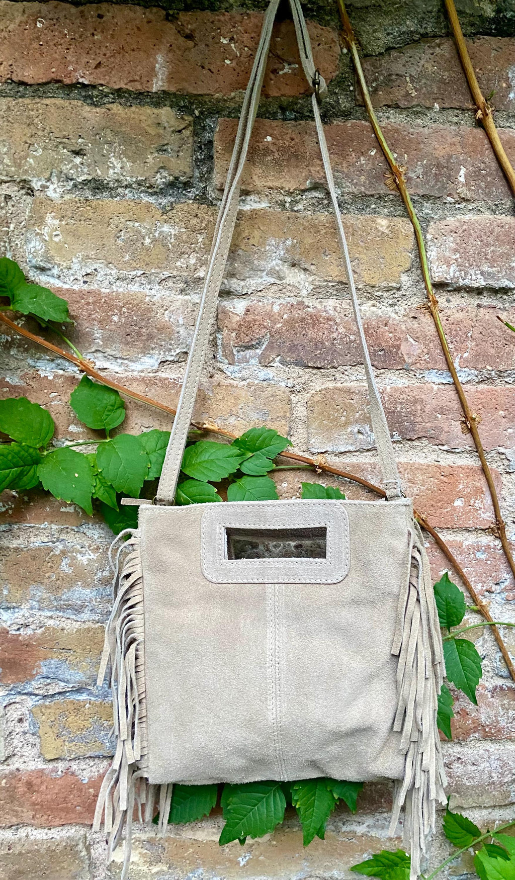 Beige crossbody fringed bag. BOHO suede leather bag with FRINGES. Beige genuine suede leather. Tan suede purse.