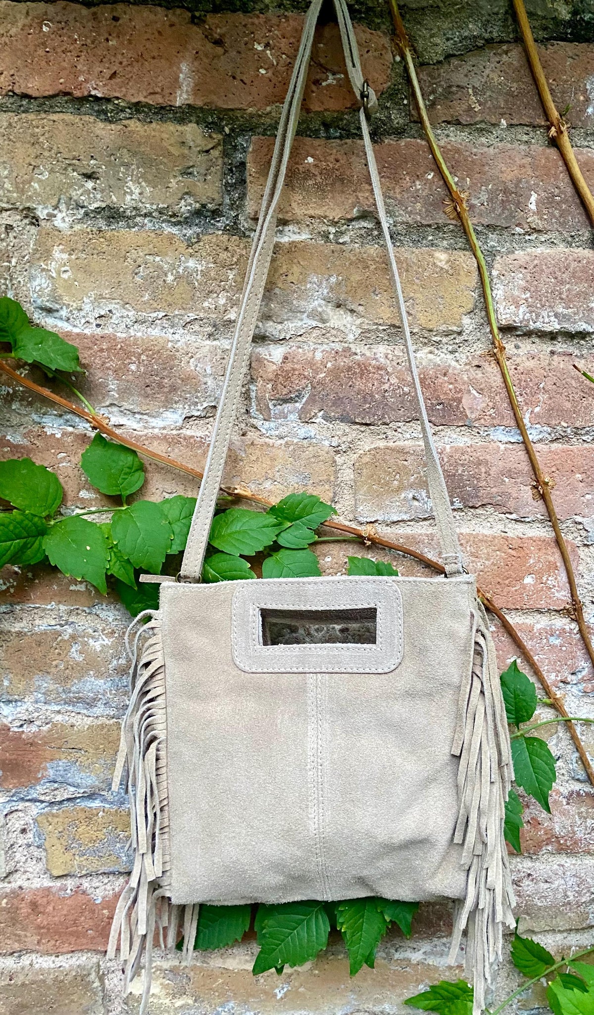 Beige crossbody fringed bag. BOHO suede leather bag with FRINGES. Beige genuine suede leather. Tan suede purse.