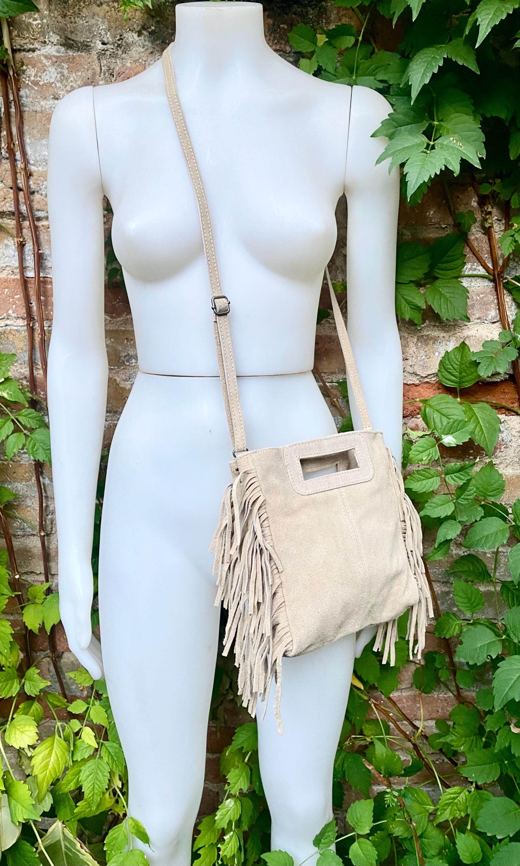 Beige crossbody fringed bag. BOHO suede leather bag with FRINGES. Beige genuine suede leather. Tan suede purse.