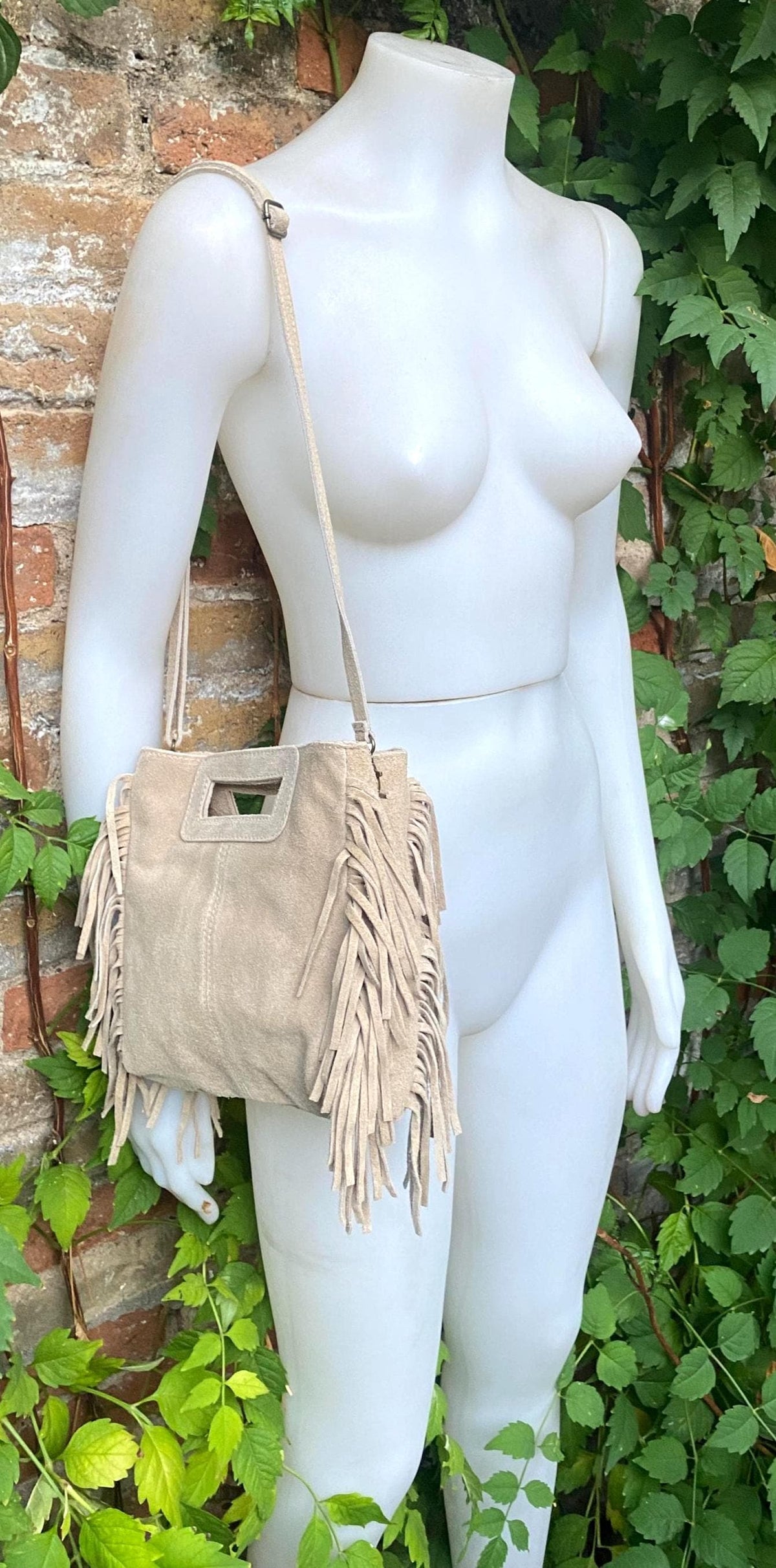 Beige crossbody fringed bag. BOHO suede leather bag with FRINGES. Beige genuine suede leather. Tan suede purse.