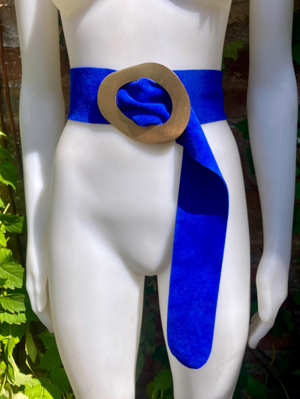 Cobalt blue suede leather waist belt . Gold color large buckle. Boho genuine soft suede leather belt. Royal blue wide dress / overall belt