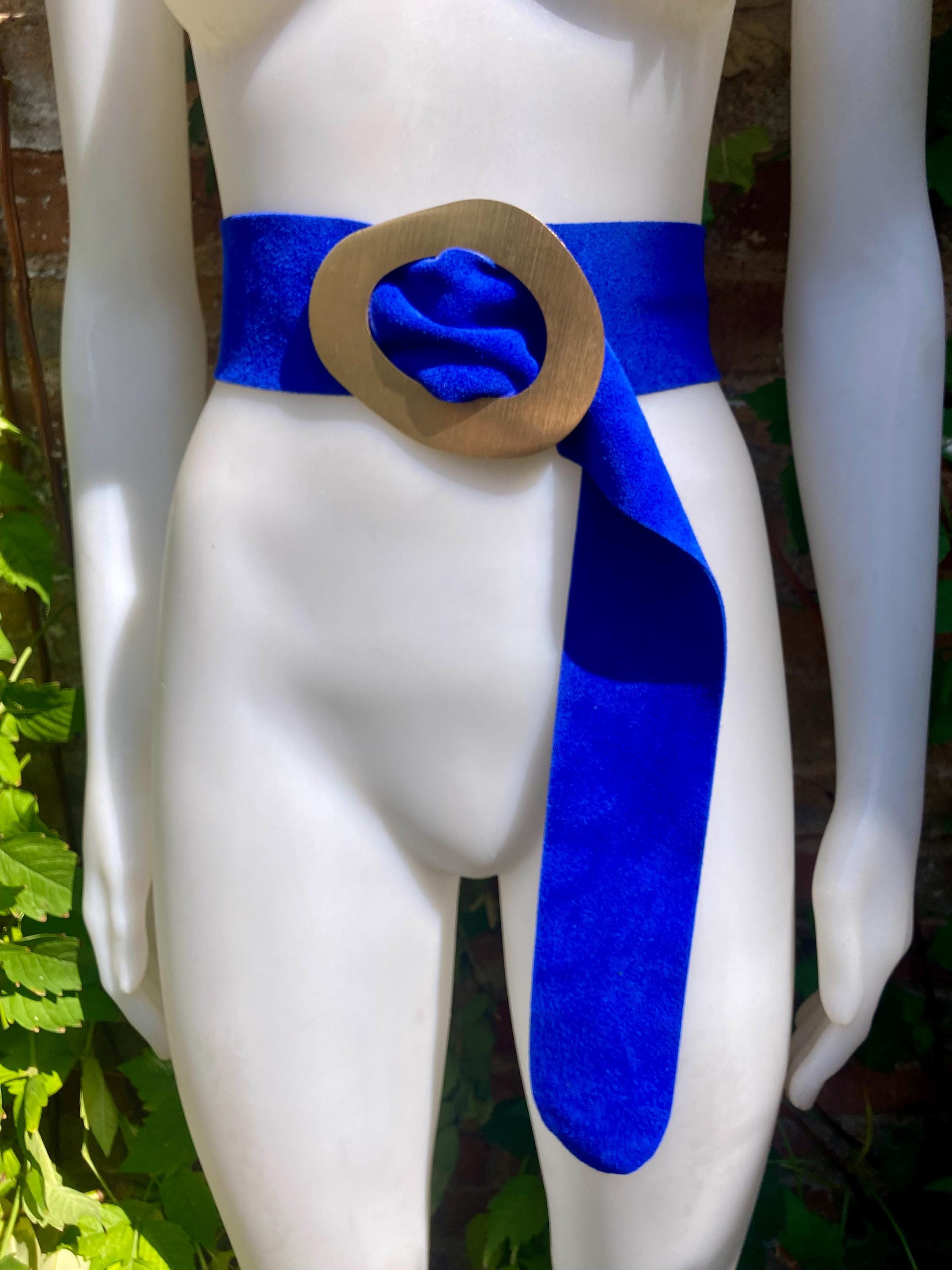 Cobalt blue suede leather waist belt . Gold color large buckle. Boho genuine soft suede leather belt. Royal blue wide dress / overall belt