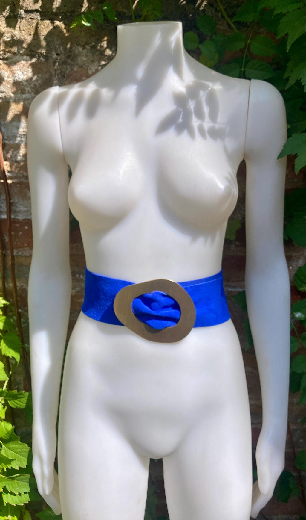 Cobalt blue suede leather waist belt . Gold color large buckle. Boho genuine soft suede leather belt. Royal blue wide dress / overall belt