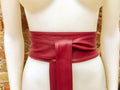 RED obi belt. Wrap belt in soft genuine leather. Wraparound waist belt. Wide style. Light burgundy boho dress belt. Dark red overall belt.