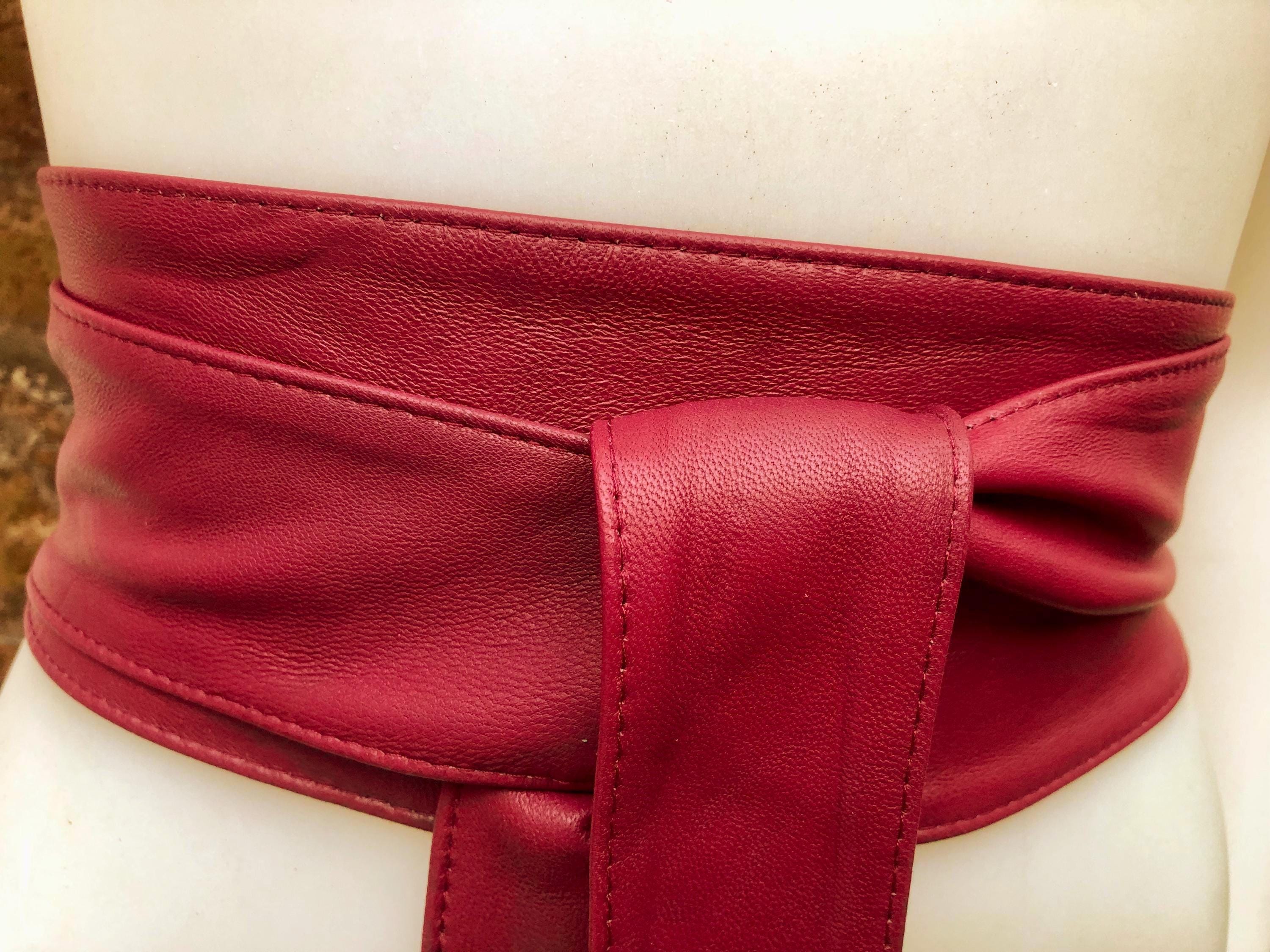 RED obi belt. Wrap belt in soft genuine leather. Wraparound waist belt. Wide style. Light burgundy boho dress belt. Dark red overall belt.