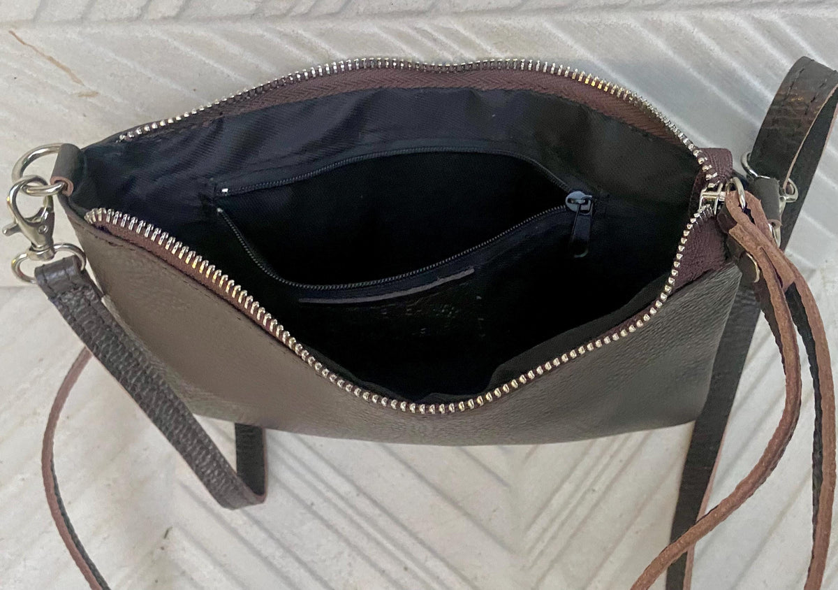 Small leather bag in dark brown. GENUINE leather crossbody / shoulder bag.Brown leather bag with SILVER hardware. Chocolate brown purse