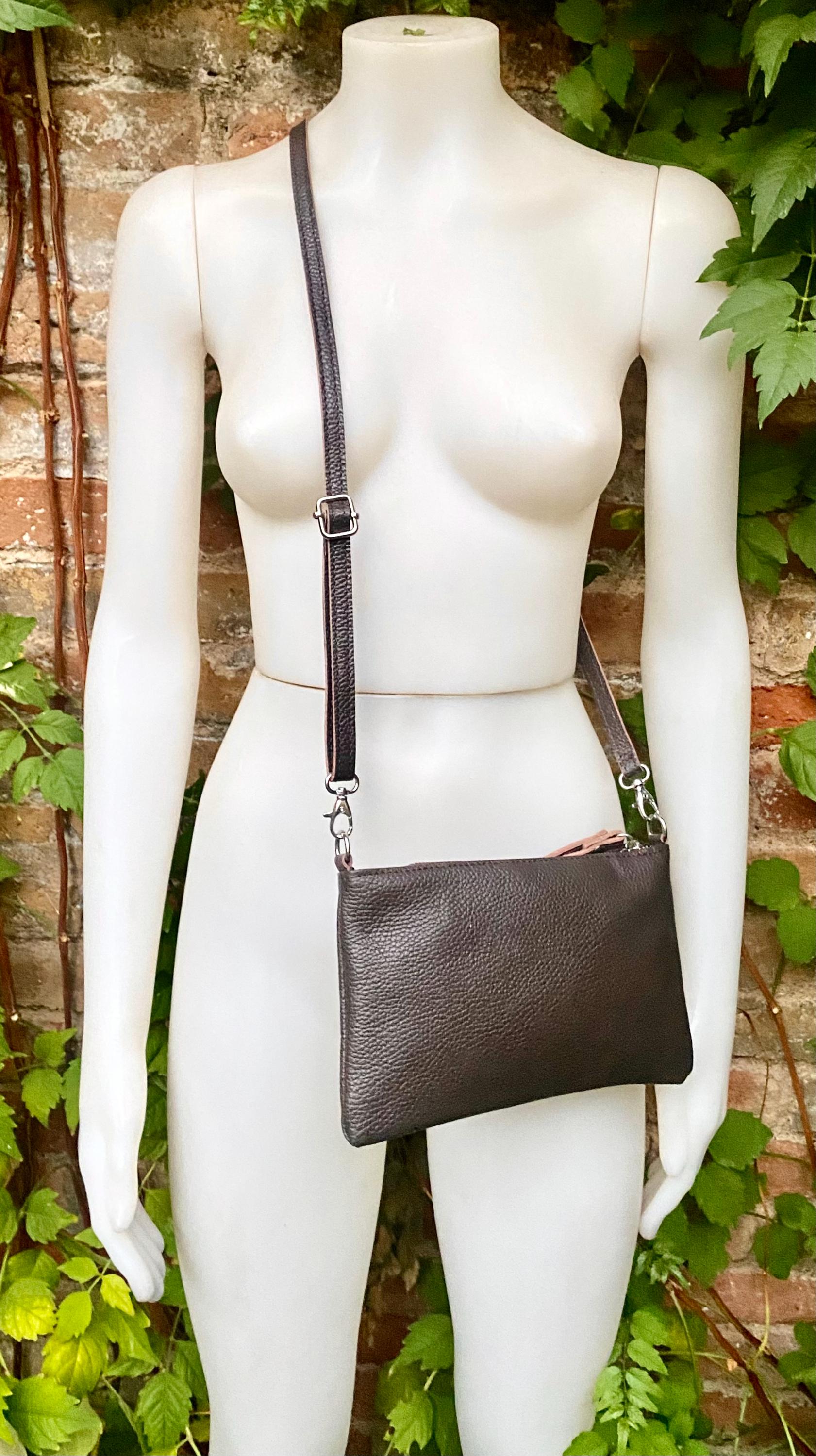 Small leather bag in dark brown. GENUINE leather crossbody / shoulder bag.Brown leather bag with SILVER hardware. Chocolate brown purse