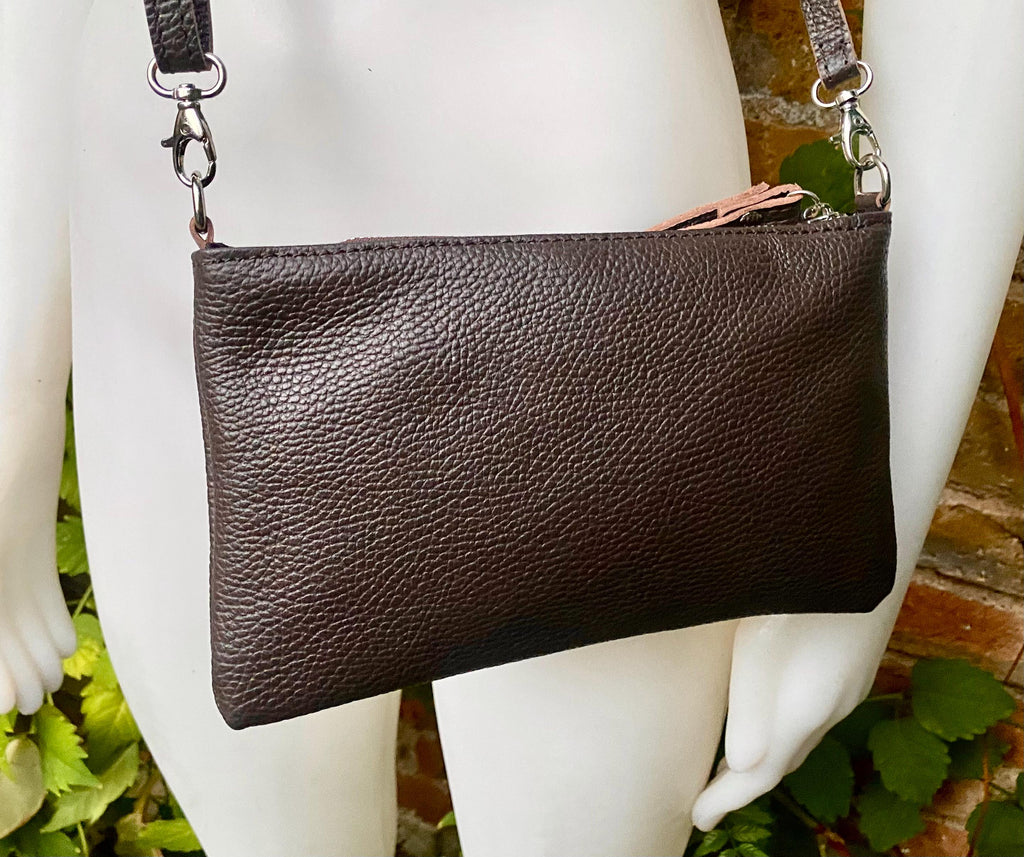 Small leather bag in dark brown. GENUINE leather crossbody / shoulder bag.Brown leather bag with SILVER hardware. Chocolate brown purse