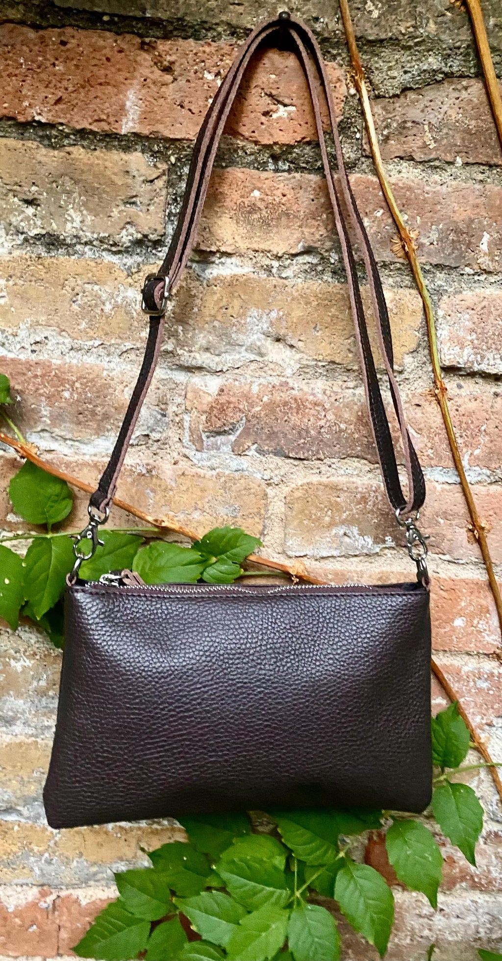 Small leather bag in dark brown. GENUINE leather crossbody / shoulder bag.Brown leather bag with SILVER hardware. Chocolate brown purse