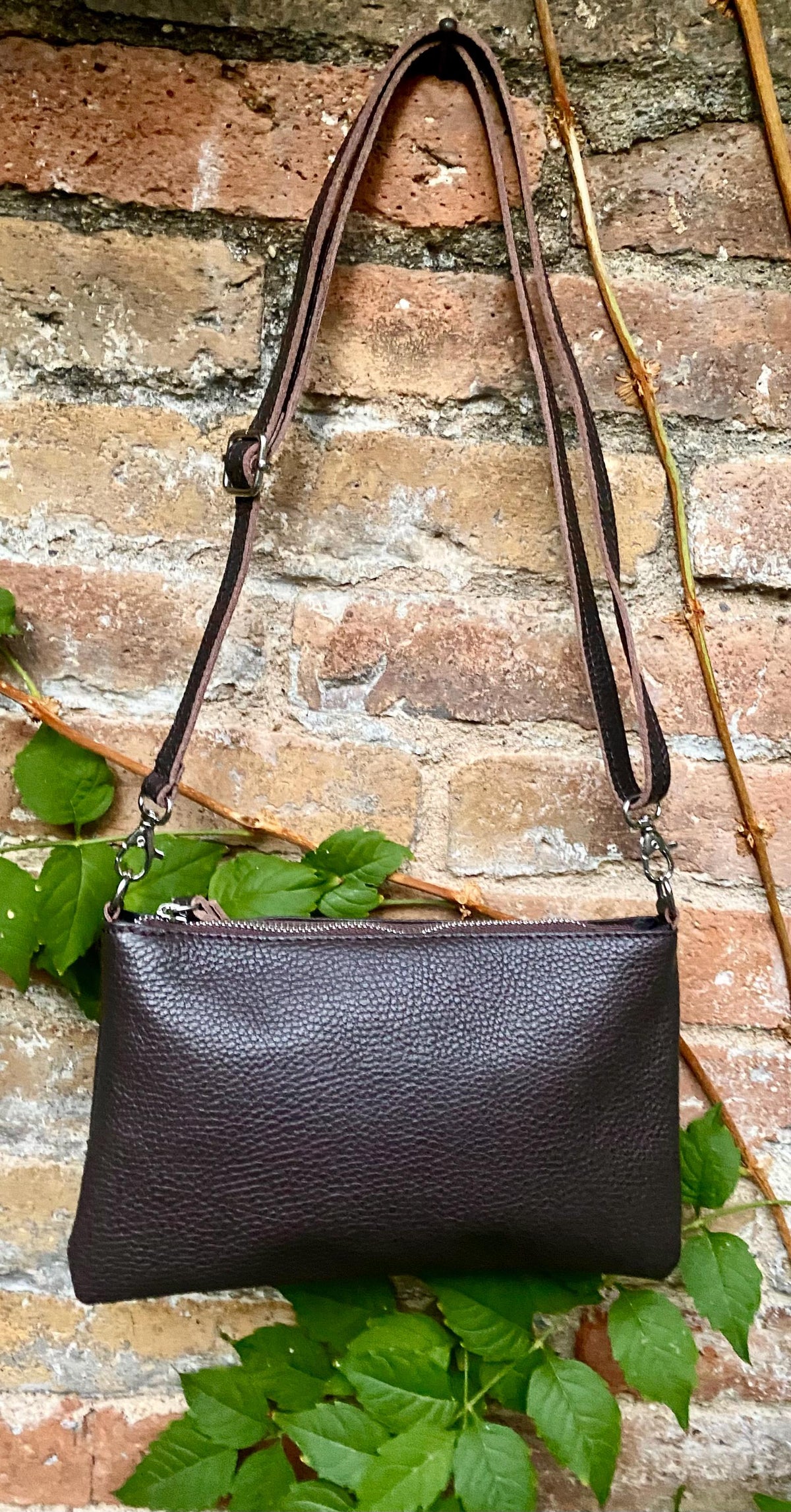 Small leather bag in dark brown. GENUINE leather crossbody / shoulder bag.Brown leather bag with SILVER hardware. Chocolate brown purse