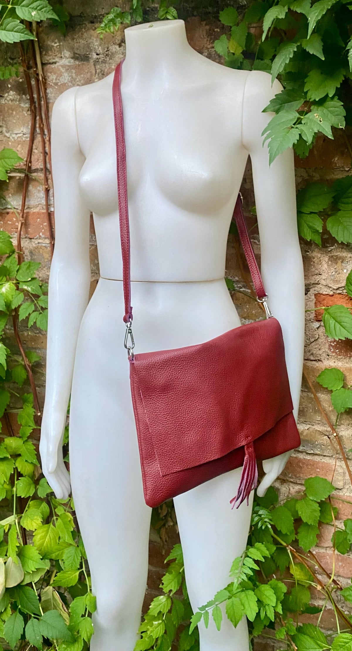 Burgundy crossbody / shoulder bag with zipper +flap. Soft genuine wine red leather. Dark red genuine leather purse.