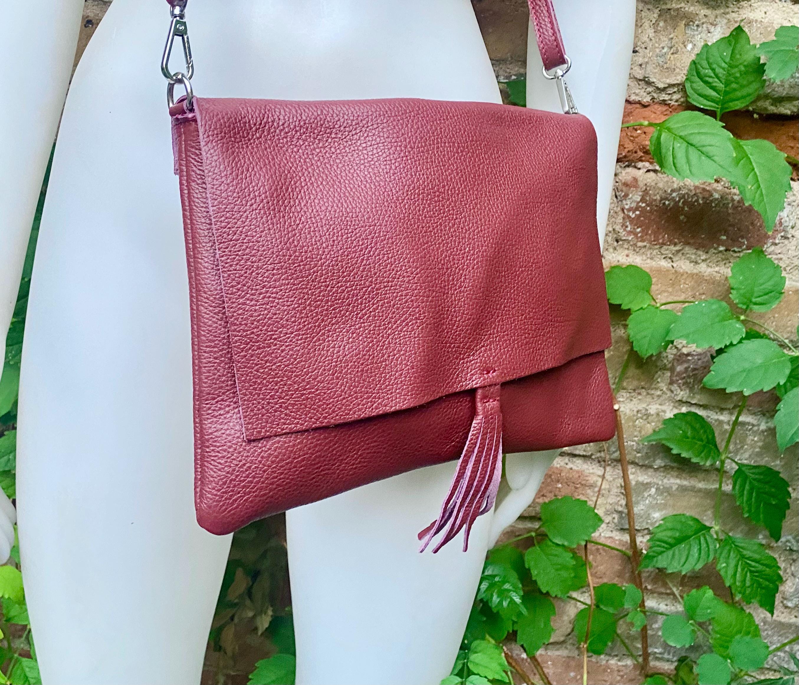 Burgundy crossbody / shoulder bag with zipper +flap. Soft genuine wine red leather. Dark red genuine leather purse.