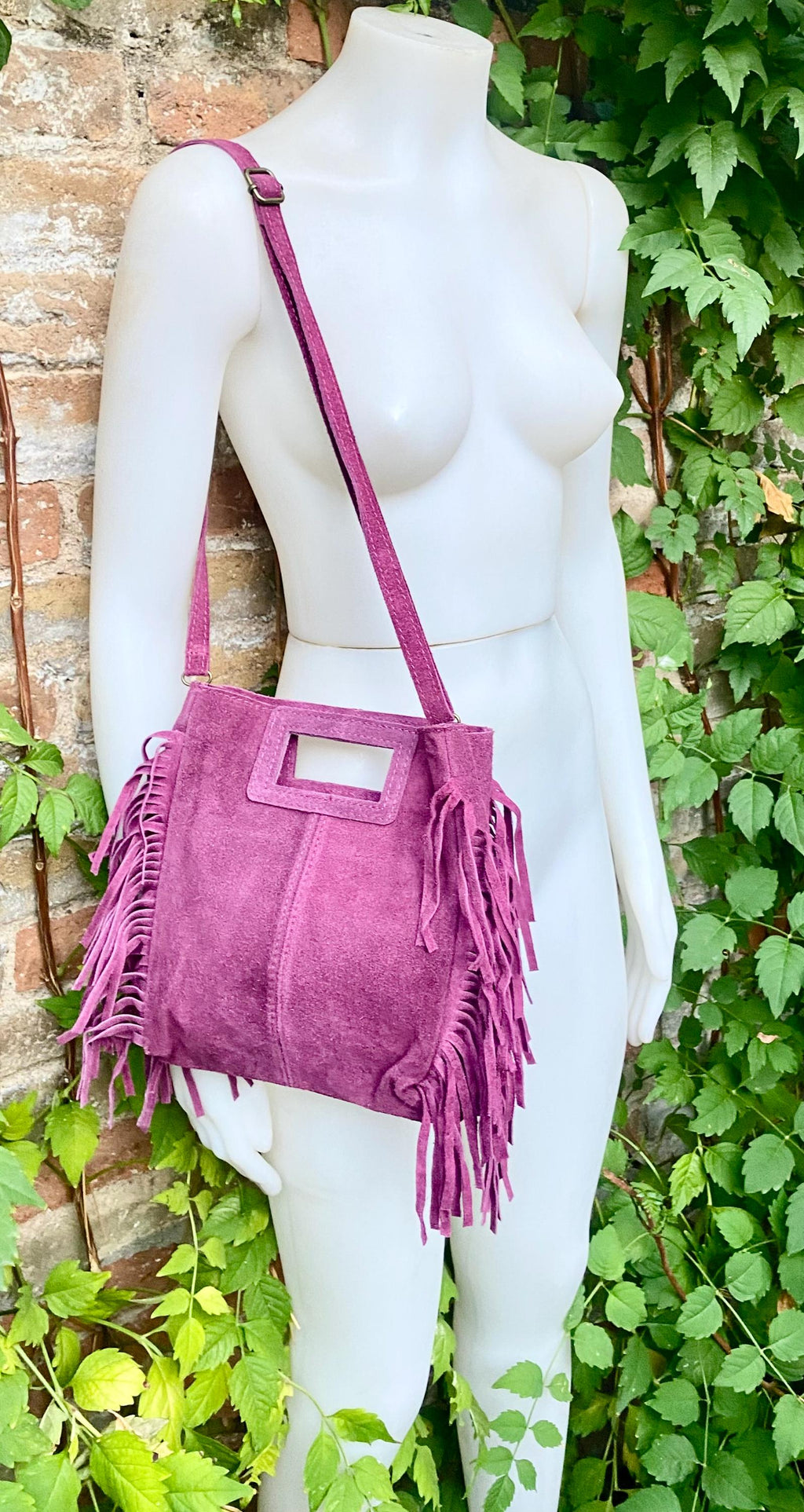 Raspberry pink crossbody fringed bag. Purple pink BOHO suede leather bag with FRINGES. Soft genuine pink suede leather.Raspberry suede purse