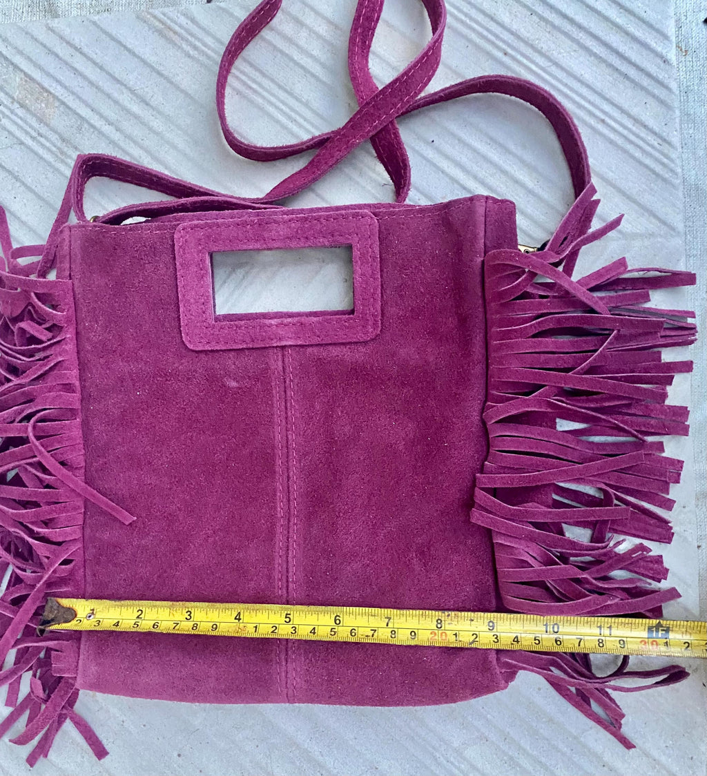 Raspberry pink crossbody fringed bag. Purple pink BOHO suede leather bag with FRINGES. Soft genuine pink suede leather.Raspberry suede purse