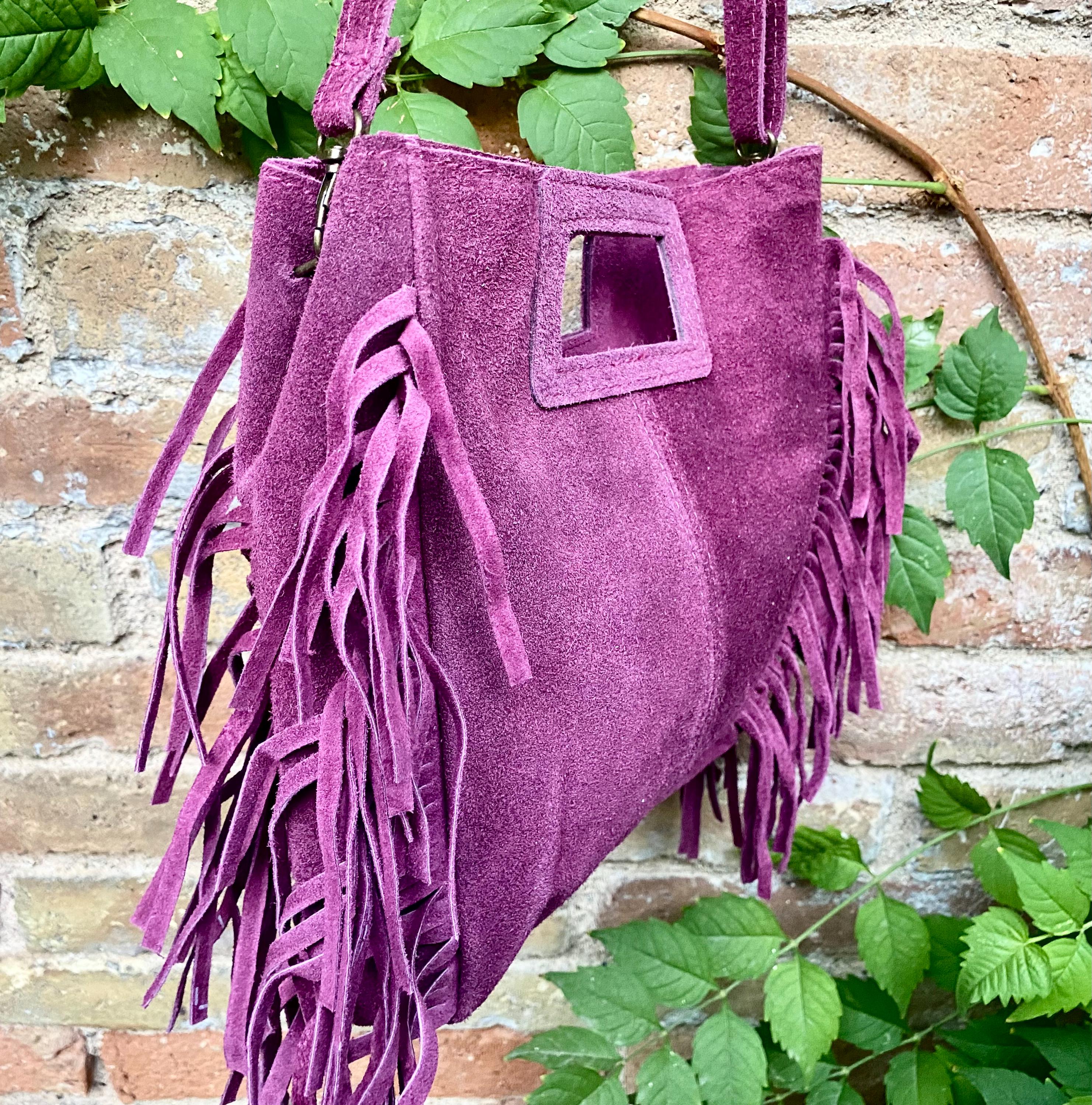 Raspberry pink crossbody fringed bag. Purple pink BOHO suede leather bag with FRINGES. Soft genuine pink suede leather.Raspberry suede purse