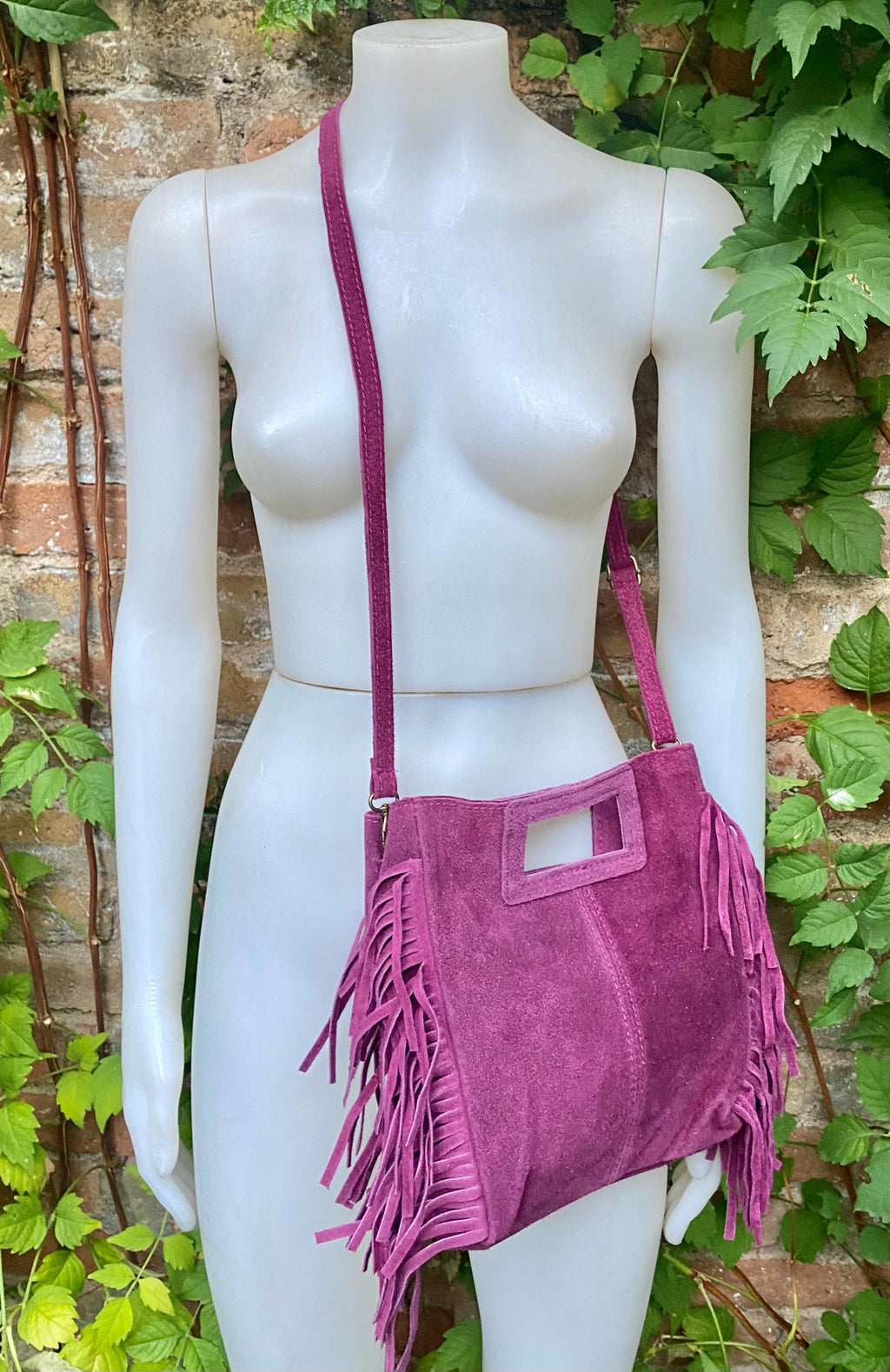 Raspberry pink crossbody fringed bag. Purple pink BOHO suede leather bag with FRINGES. Soft genuine pink suede leather.Raspberry suede purse