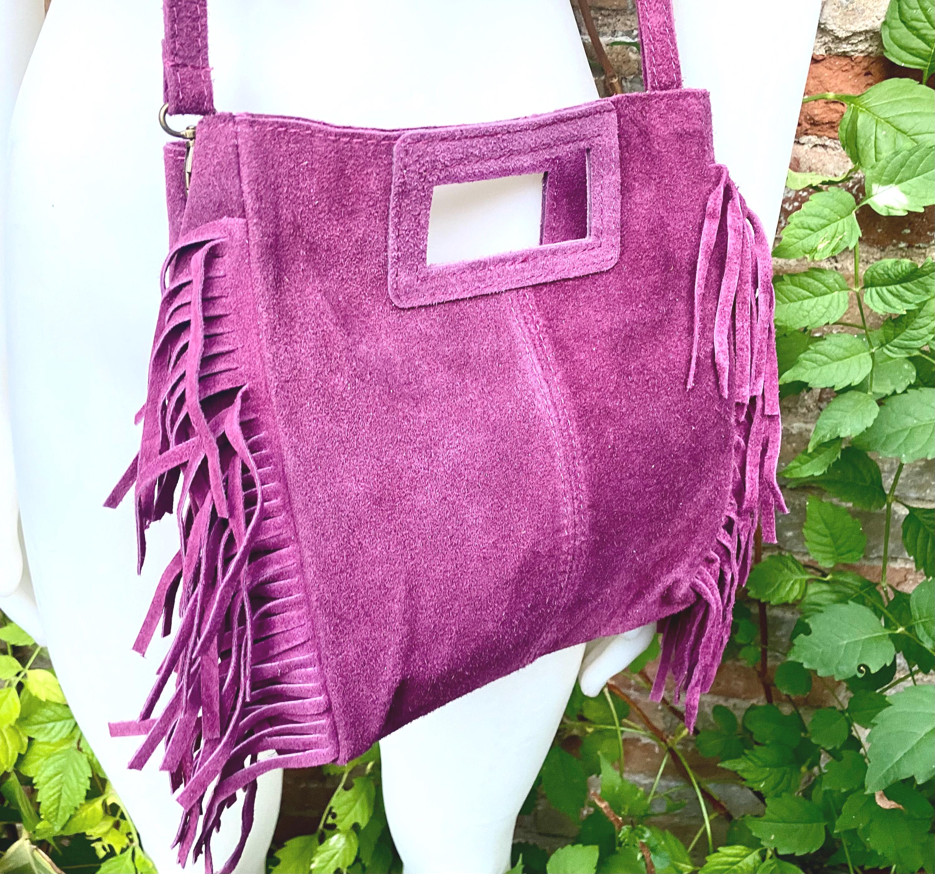 Raspberry pink crossbody fringed bag. Purple pink BOHO suede leather bag with FRINGES. Soft genuine pink suede leather.Raspberry suede purse