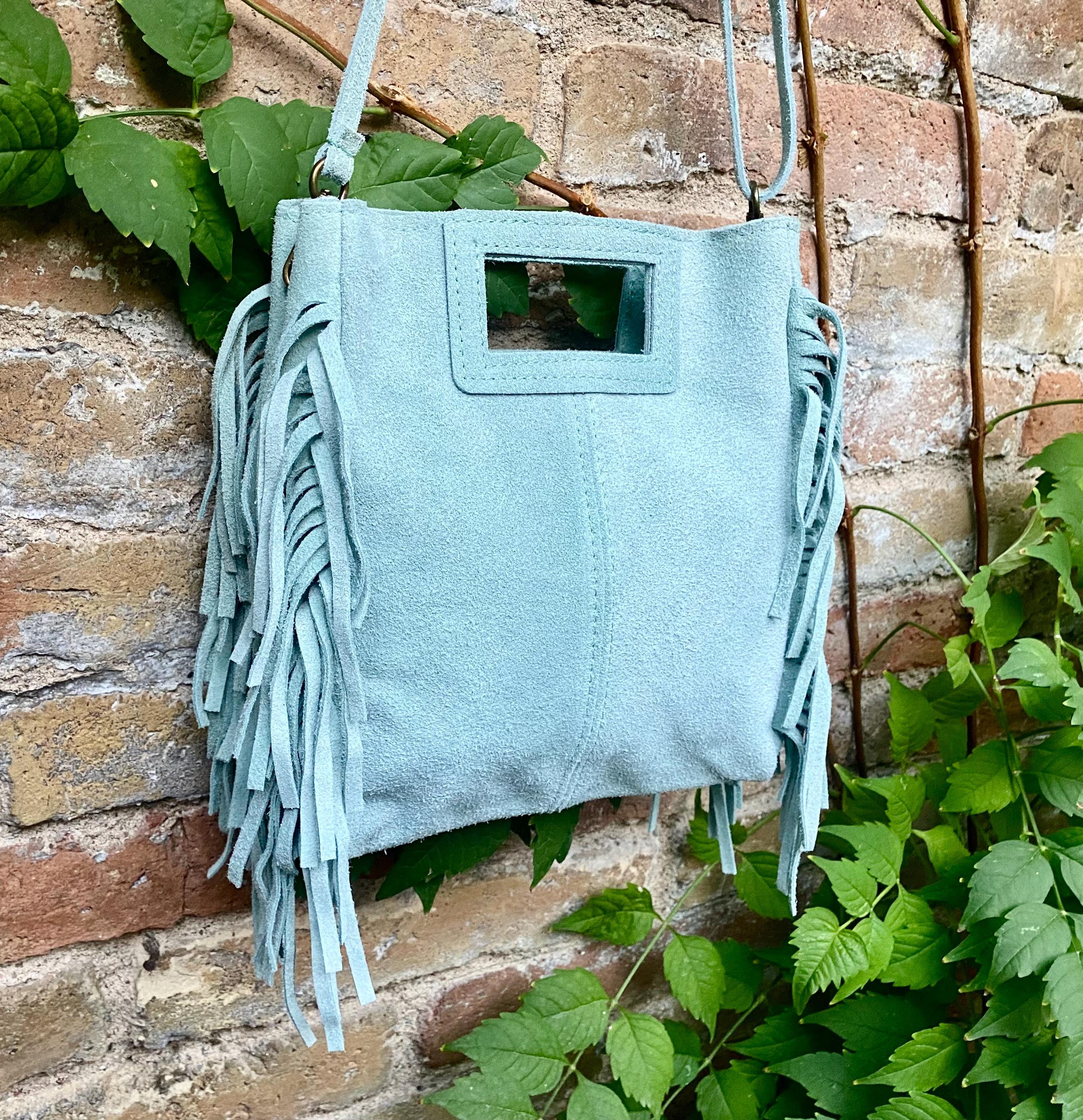 Aqua green crossbody fringed bag. BOHO suede leather bag with FRINGES. Light blue - green genuine suede leather. Mint green suede purse.