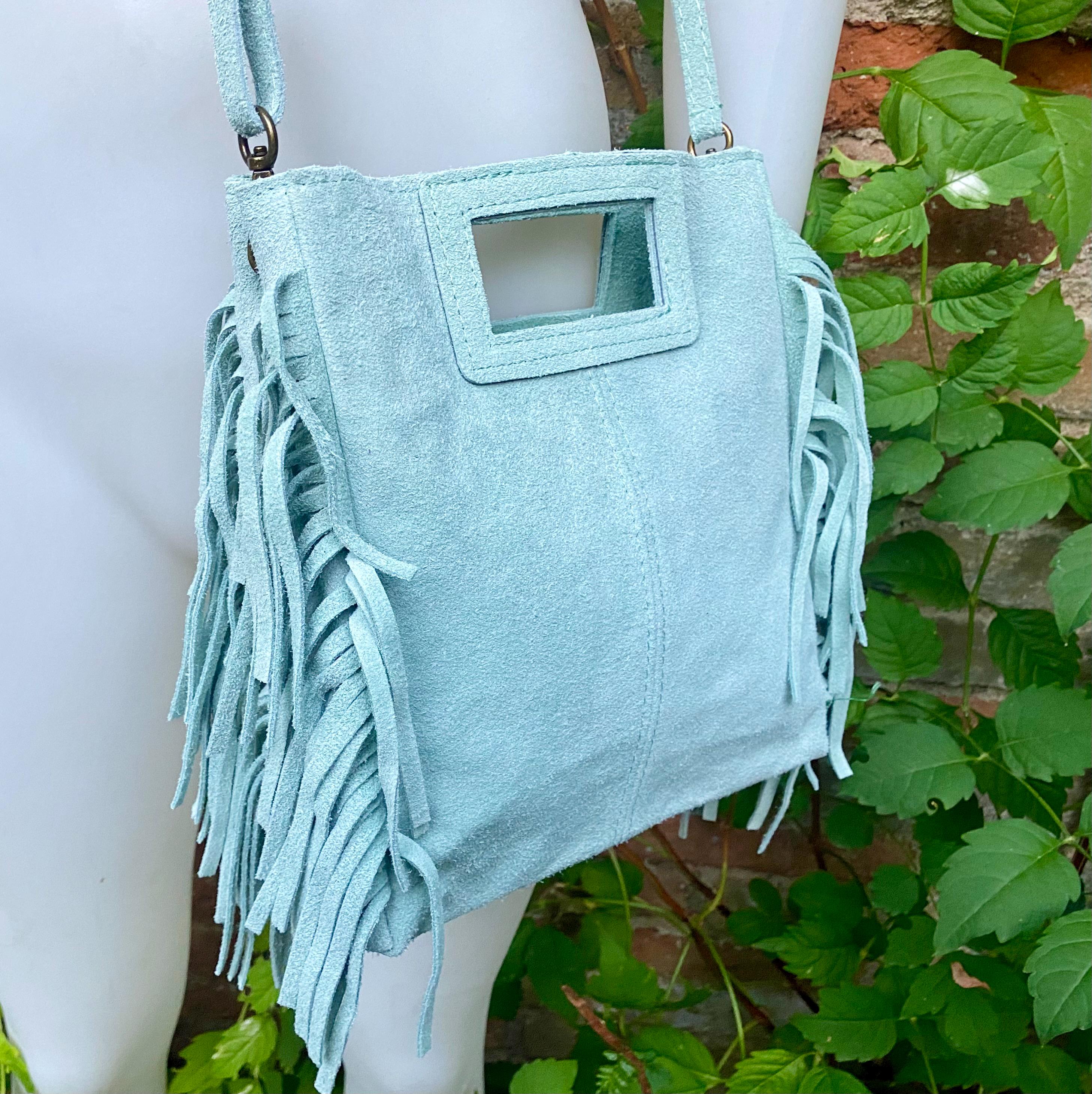 Aqua green crossbody fringed bag. BOHO suede leather bag with FRINGES. Light blue - green genuine suede leather. Mint green suede purse.