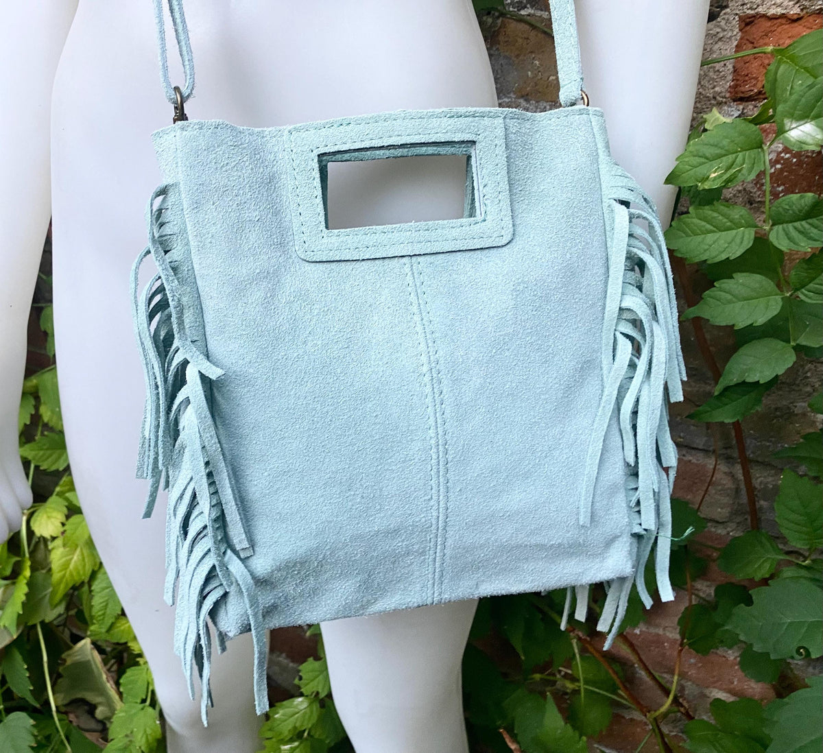 Aqua green crossbody fringed bag. BOHO suede leather bag with FRINGES. Light blue - green genuine suede leather. Mint green suede purse.