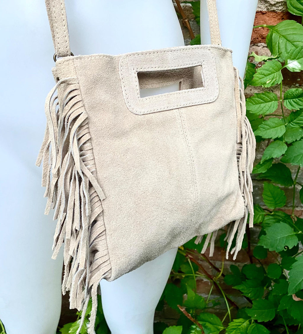 Beige crossbody fringed bag. BOHO suede leather bag with FRINGES. Beige genuine suede leather. Tan suede purse.