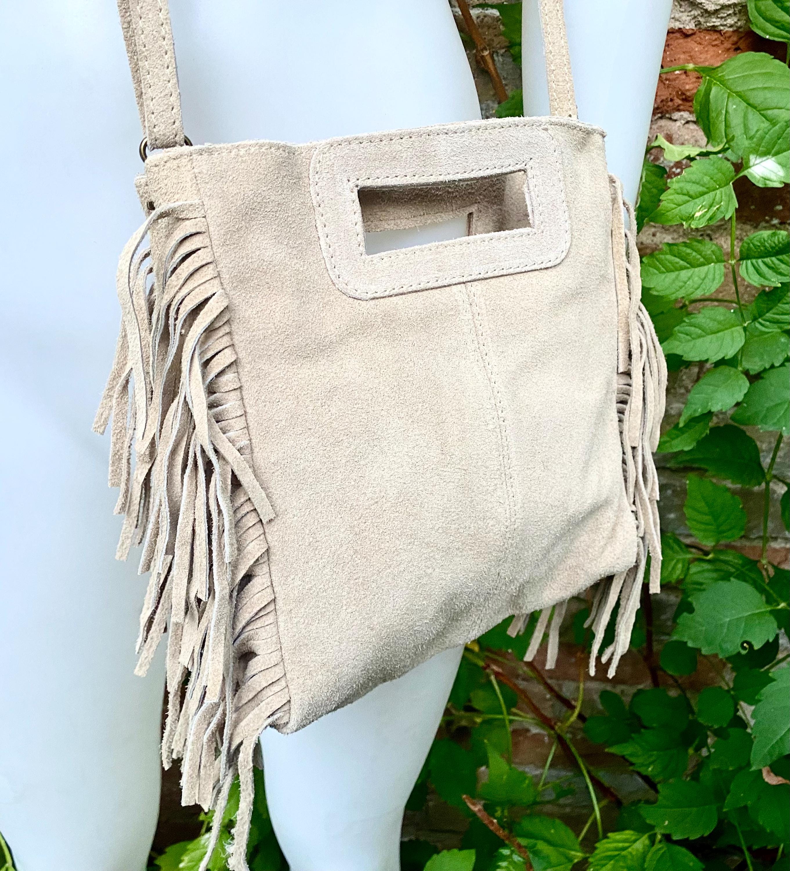 Beige crossbody fringed bag. BOHO suede leather bag with FRINGES. Beige genuine suede leather. Tan suede purse.