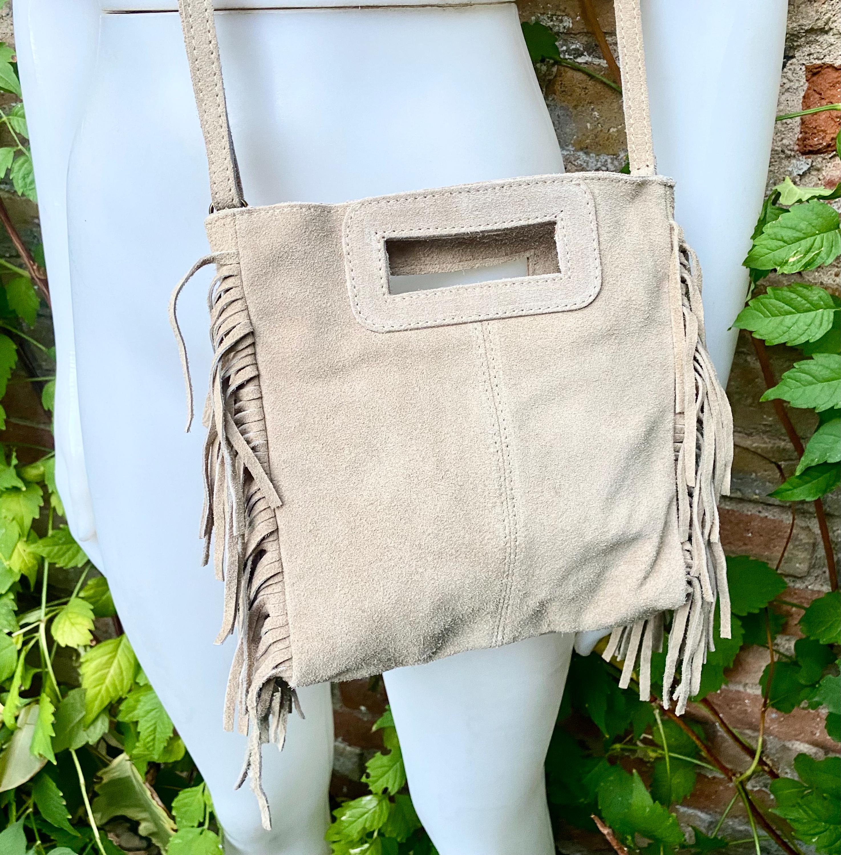 Beige crossbody fringed bag. BOHO suede leather bag with FRINGES. Beige genuine suede leather. Tan suede purse.