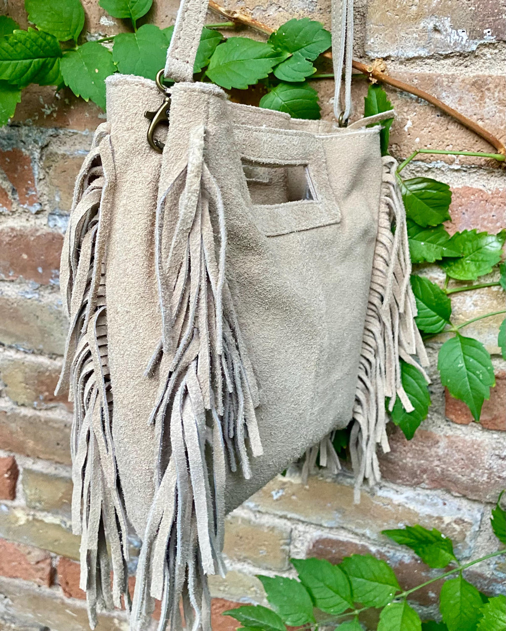 Beige crossbody fringed bag. BOHO suede leather bag with FRINGES. Beige genuine suede leather. Tan suede purse.