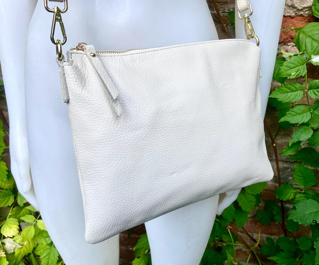CREAM WHITE leather bag. GENUINE leather cross body / shoulder bag. Off white purse with adjustable strap + zipper.Soft leather messenger