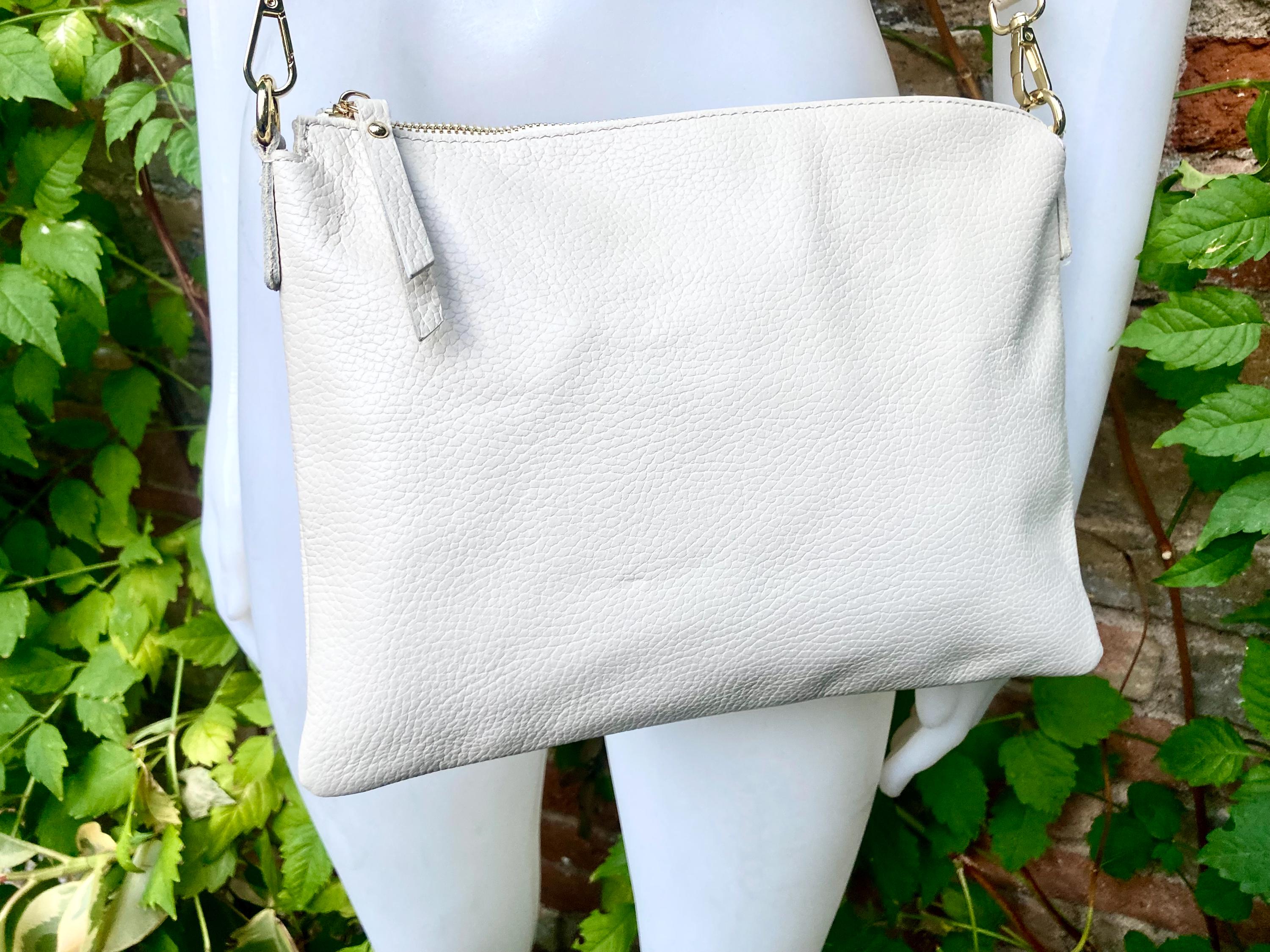 CREAM WHITE leather bag. GENUINE leather cross body / shoulder bag. Off white purse with adjustable strap + zipper.Soft leather messenger