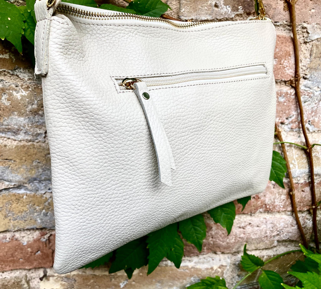 CREAM WHITE leather bag. GENUINE leather cross body / shoulder bag. Off white purse with adjustable strap + zipper.Soft leather messenger