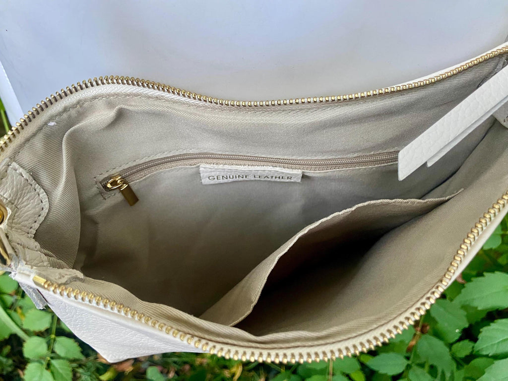 CREAM WHITE leather bag. GENUINE leather cross body / shoulder bag. Off white purse with adjustable strap + zipper.Soft leather messenger