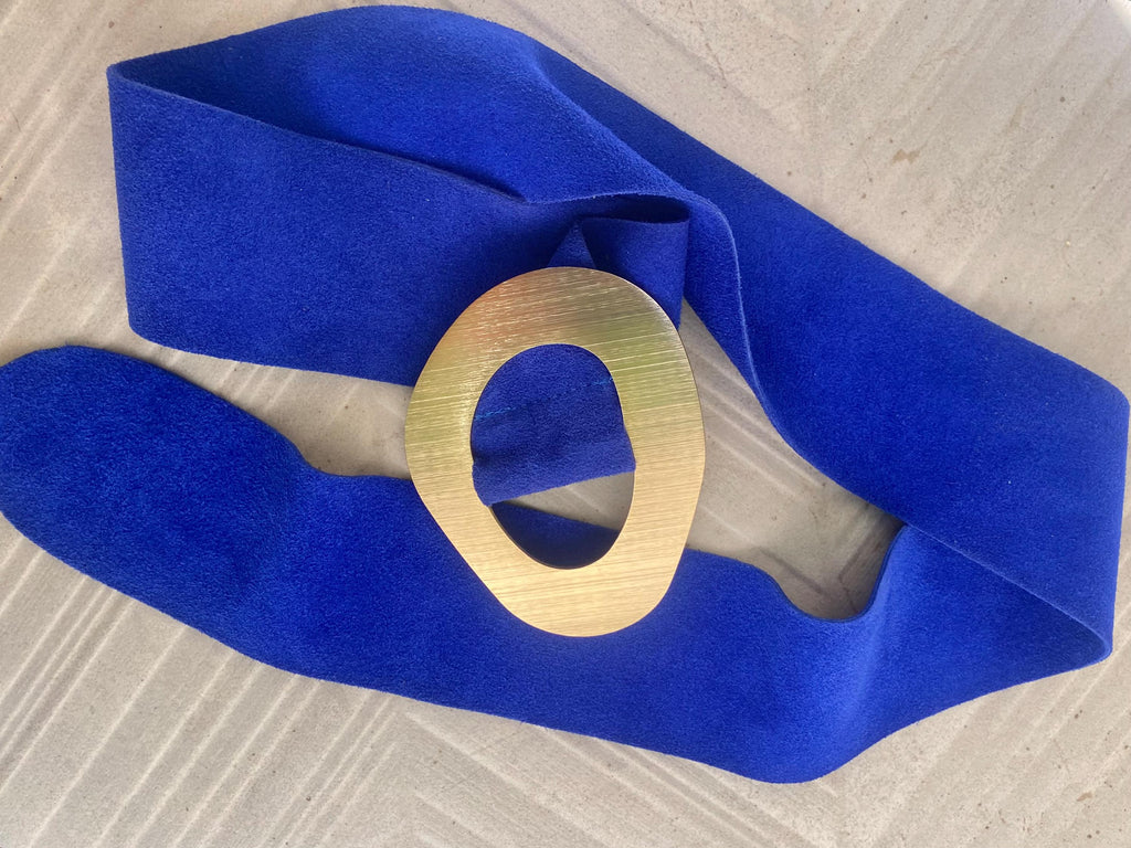 Cobalt blue suede leather waist belt . Gold color large buckle. Boho genuine soft suede leather belt. Royal blue wide dress / overall belt