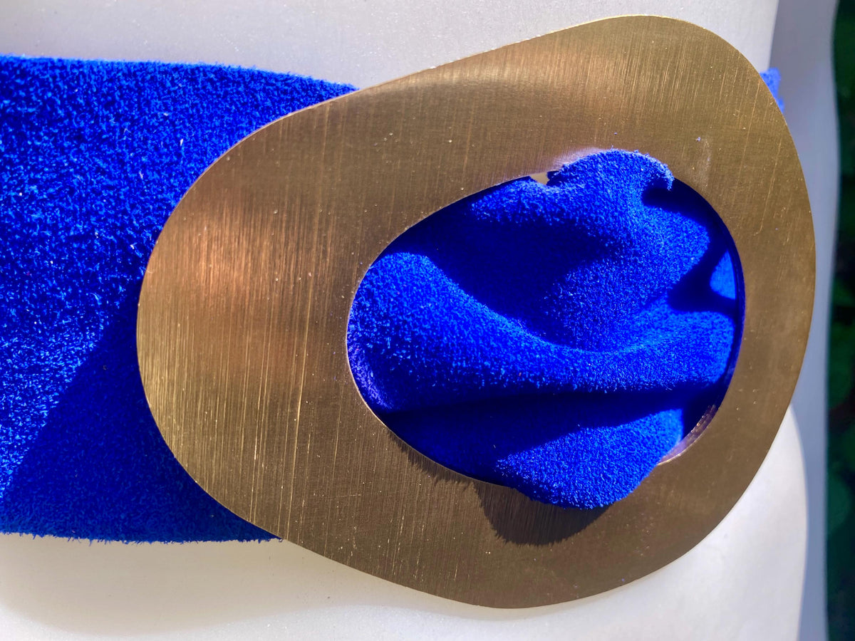 Cobalt blue suede leather waist belt . Gold color large buckle. Boho genuine soft suede leather belt. Royal blue wide dress / overall belt