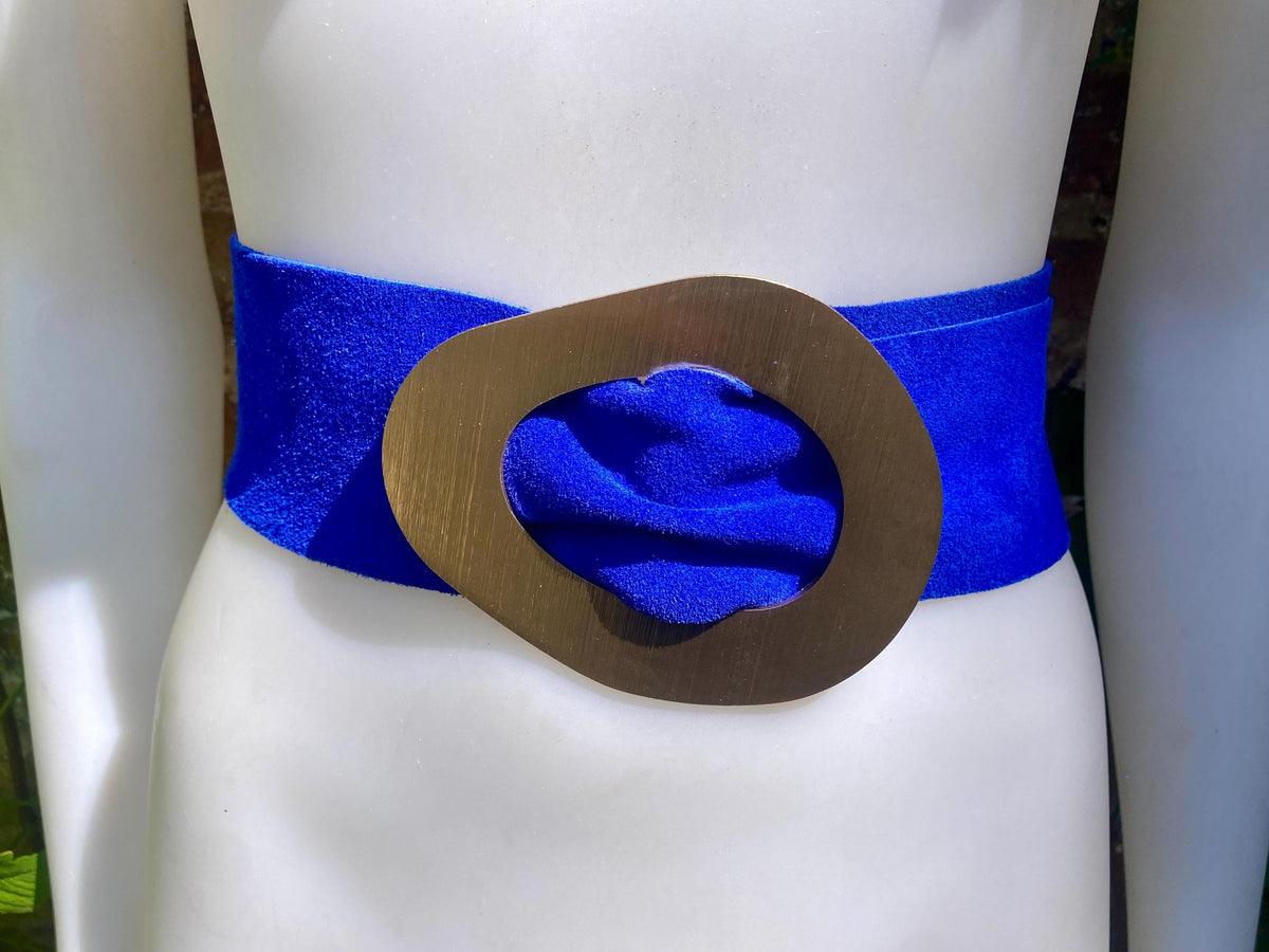 Cobalt blue suede leather waist belt . Gold color large buckle. Boho genuine soft suede leather belt. Royal blue wide dress / overall belt