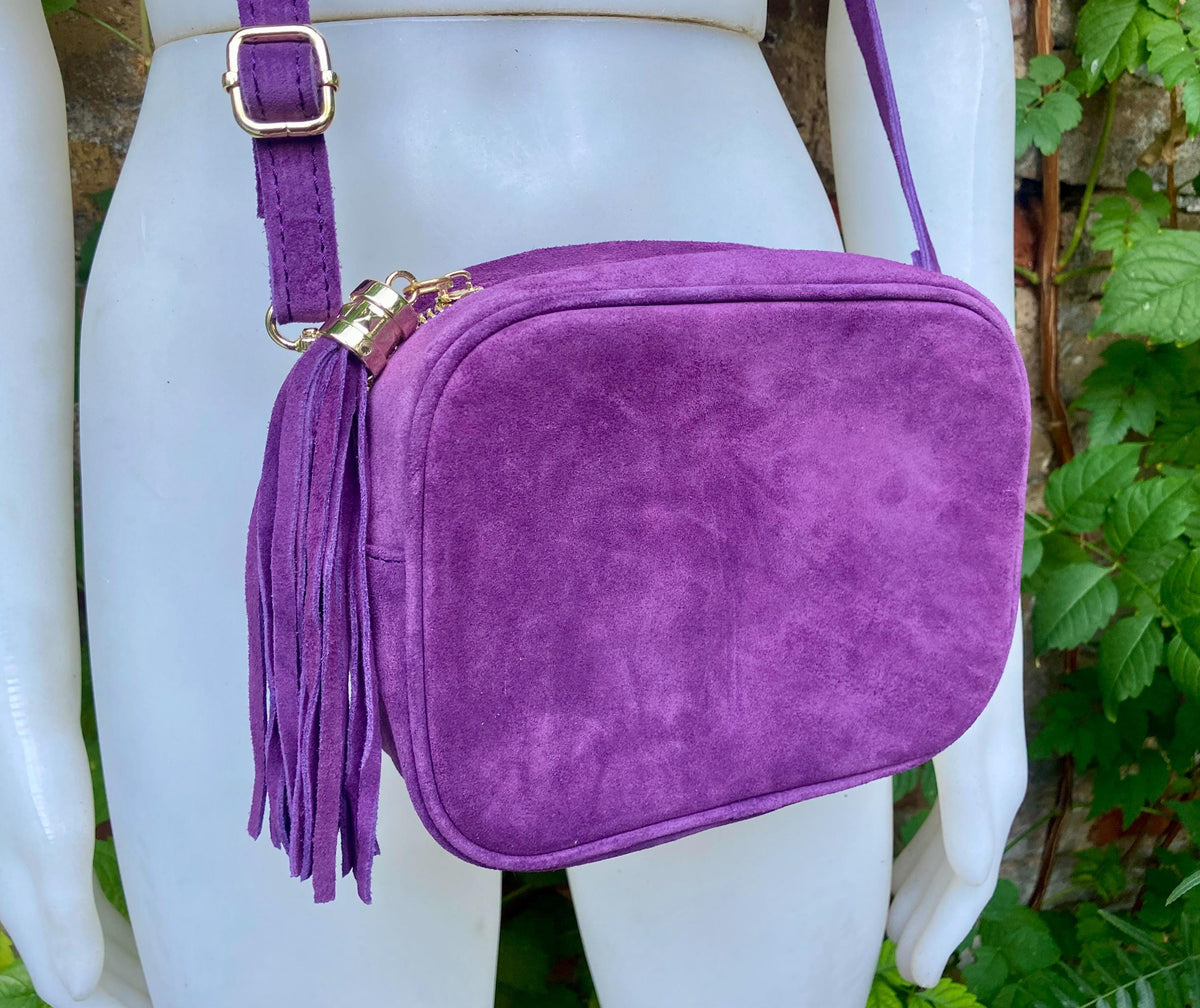 Purple suede bag with tassel. Small crossbody / shoulder bag in GENUINE leather. Boho PURPLE suede leather purse