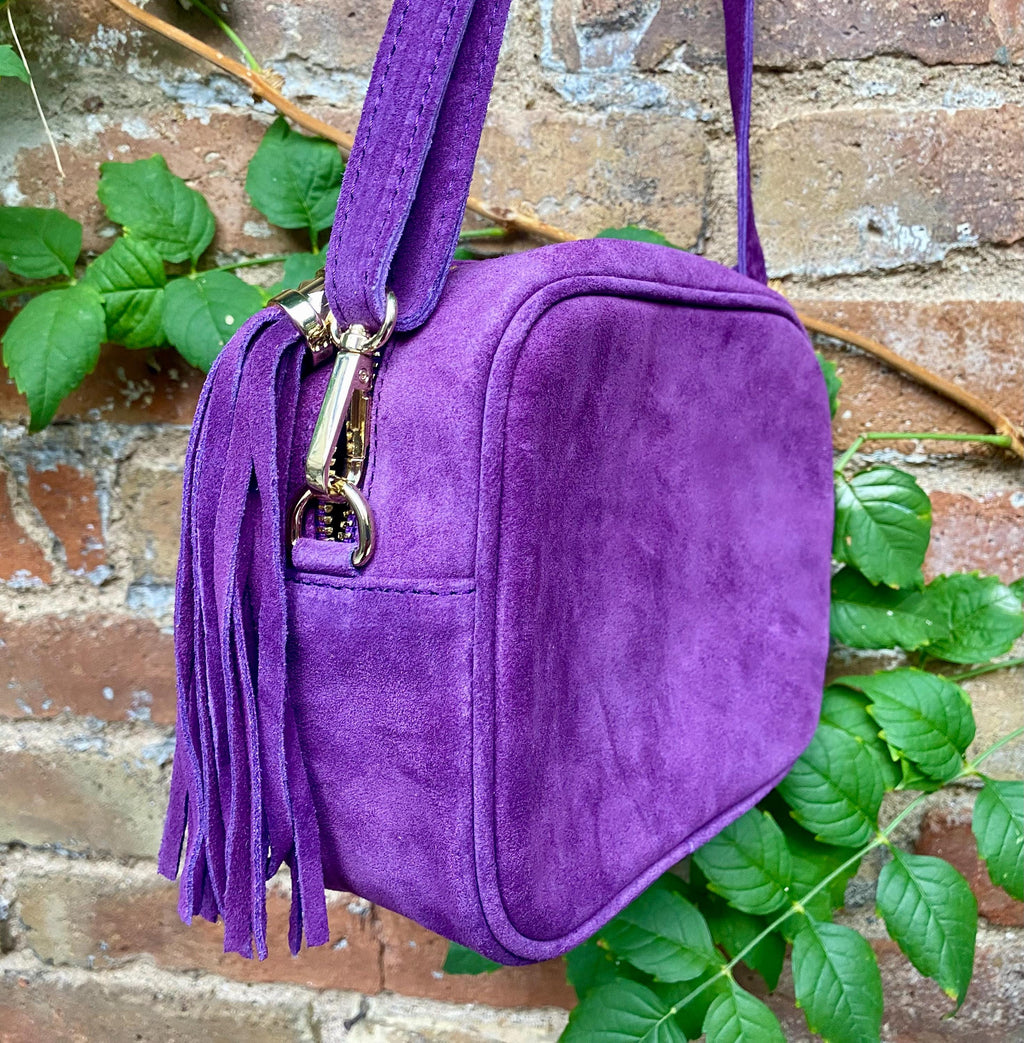 Purple suede bag with tassel. Small crossbody / shoulder bag in GENUINE leather. Boho PURPLE suede leather purse