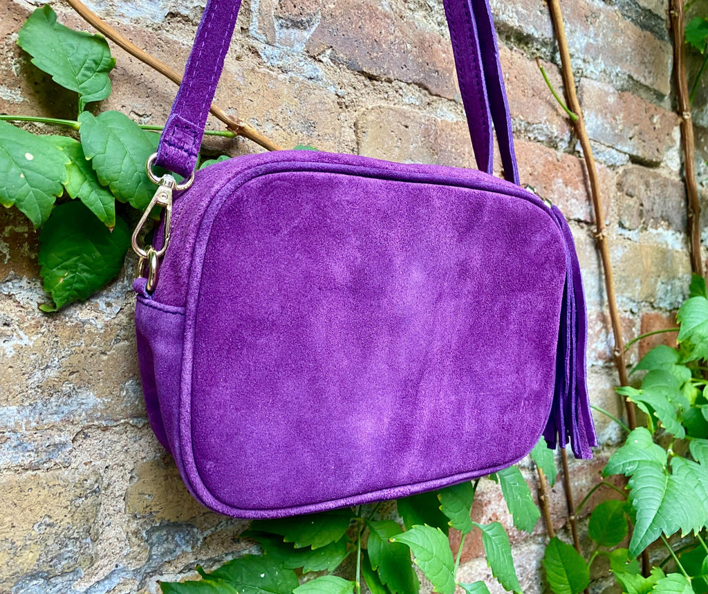 Purple suede bag with tassel. Small crossbody / shoulder bag in GENUINE leather. Boho PURPLE suede leather purse