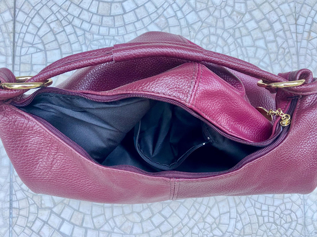 Burgundy leather slouchy bag with ZIPPER + lining. Soft natural genuine leather bag. Wine red leather purse. Dark red leather hobo bag