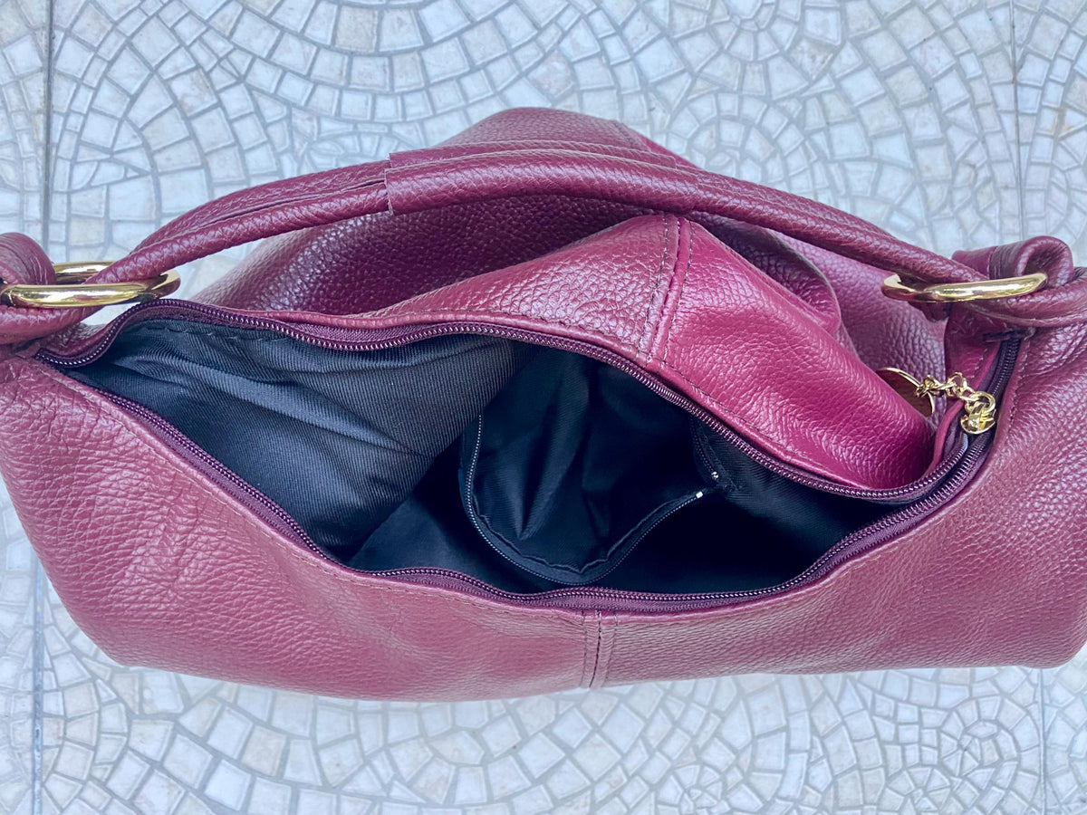 Burgundy leather slouchy bag with ZIPPER + lining. Soft natural genuine leather bag. Wine red leather purse. Dark red leather hobo bag