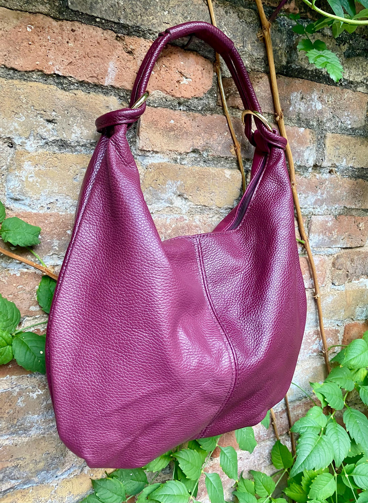 Burgundy leather slouchy bag with ZIPPER + lining. Soft natural genuine leather bag. Wine red leather purse. Dark red leather hobo bag