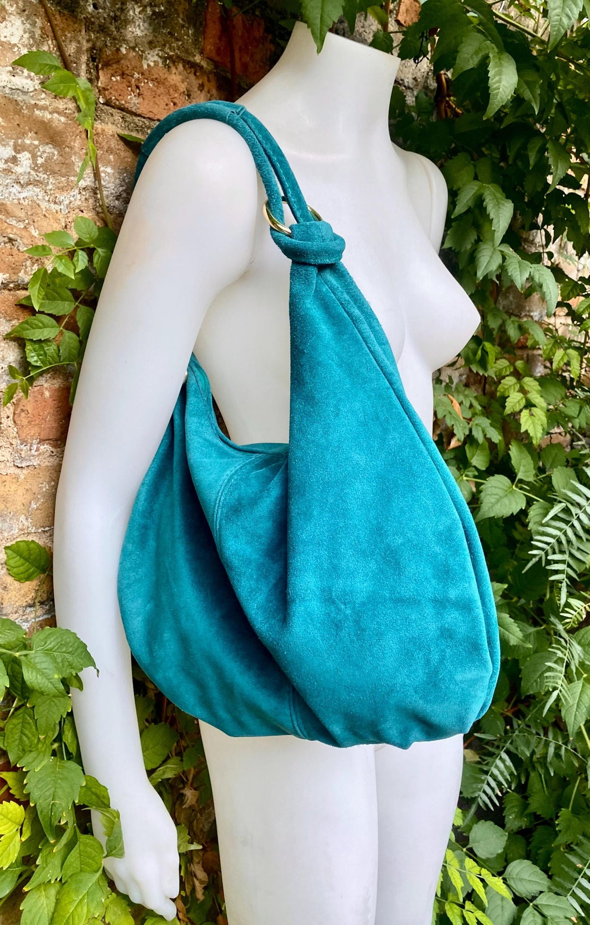 Dark turquoise suede slouchy bag with ZIPPER + lining. Genuine leather. Soft natural suede shopper / hobo. Light teal blue-green suede purse