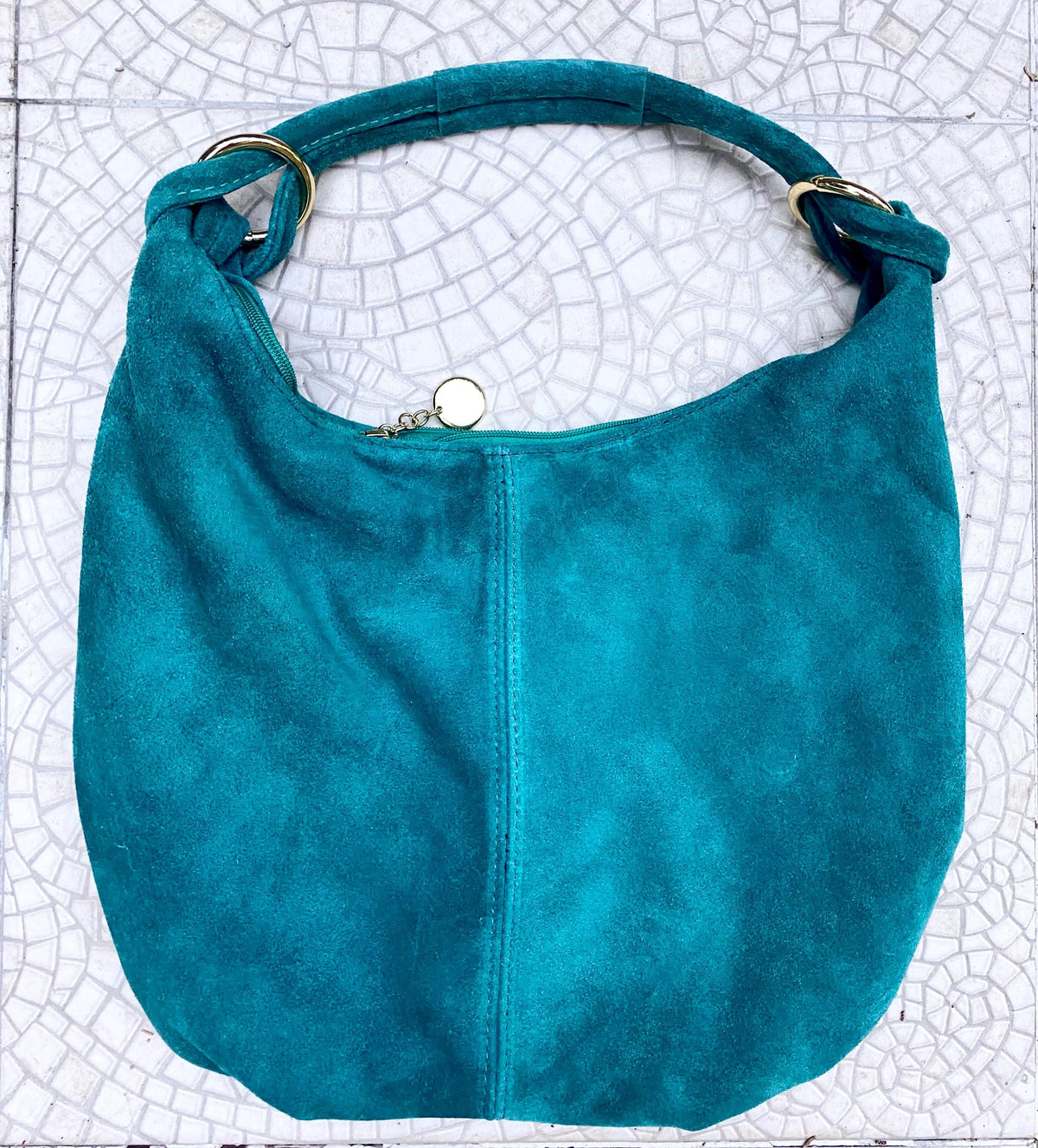 Dark turquoise suede slouchy bag with ZIPPER + lining. Genuine leather. Soft natural suede shopper / hobo. Light teal blue-green suede purse